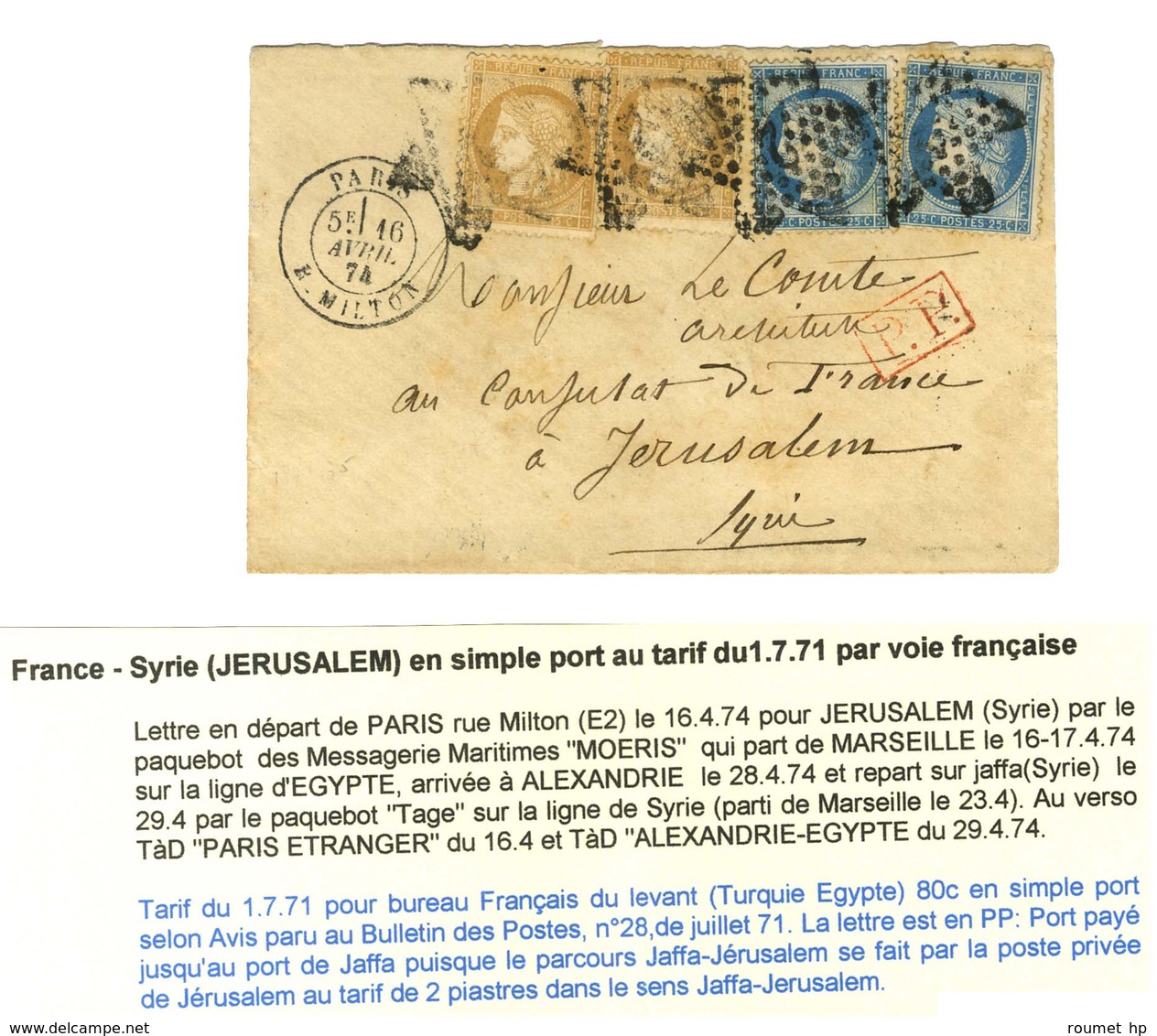 Etoile 2 / N° 59 (2) + 60 (2) Càd PARIS / R. MILTON Sur Lettre Adressée Au Consulat De France à Jérusalem. Au Recto P.P. - Poste Maritime