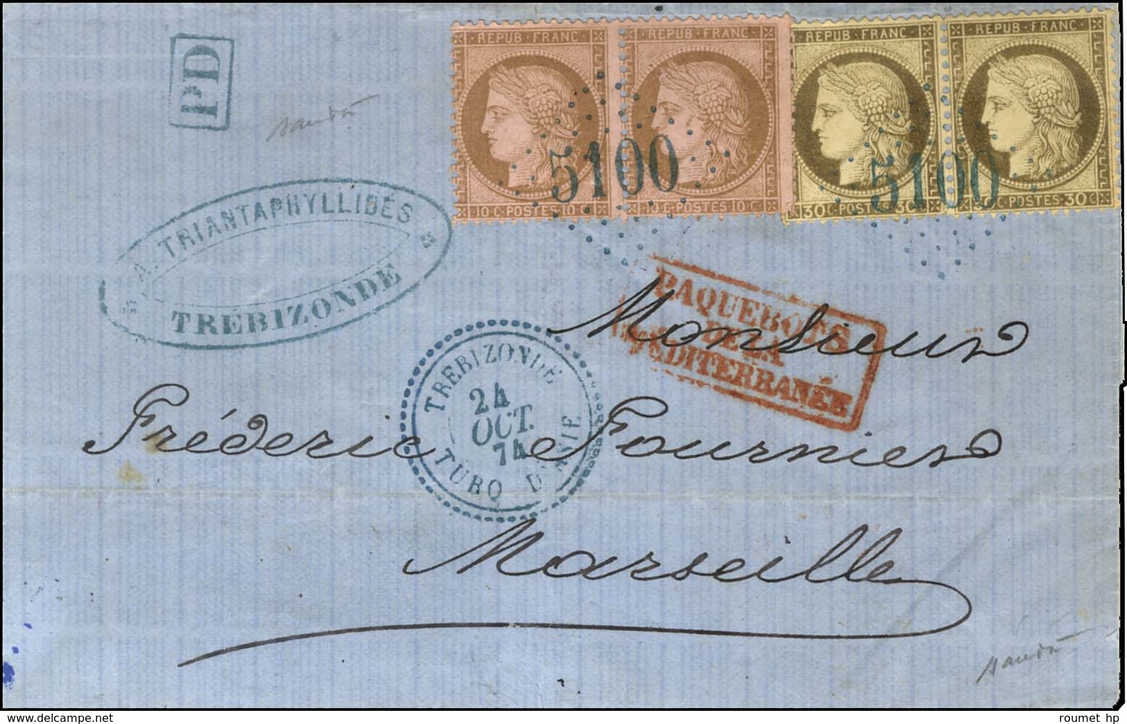 GC Bleu 5100 / N° 54 Paire + 56 Paire Càd T 22 Bleu TREBIZONDE / TURQ D'ASIE Sur Lettre De Trébizonde Pour Marseille. 18 - Schiffspost