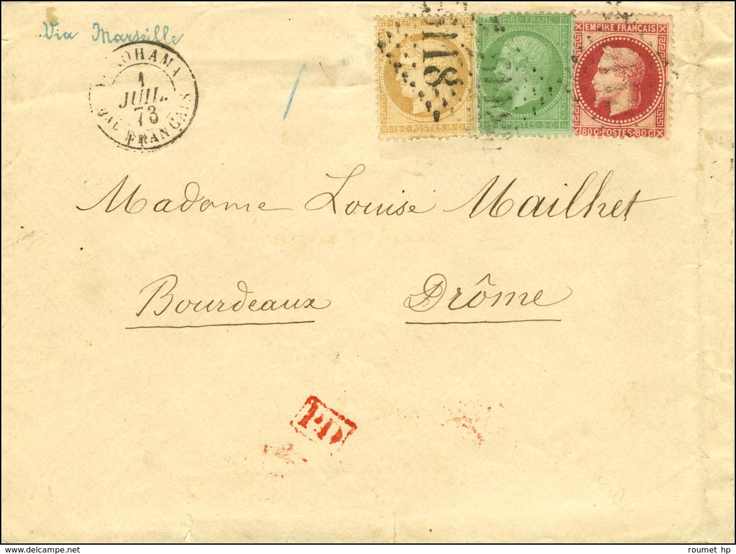 GC 5118 / N° 32 + 35 (pd) + 59 Càd YOKOHAMA / Bau FRANCAIS Sur Lettre Pour Bourdeaux (Drôme). 1873. Bel Affranchissement - Poste Maritime