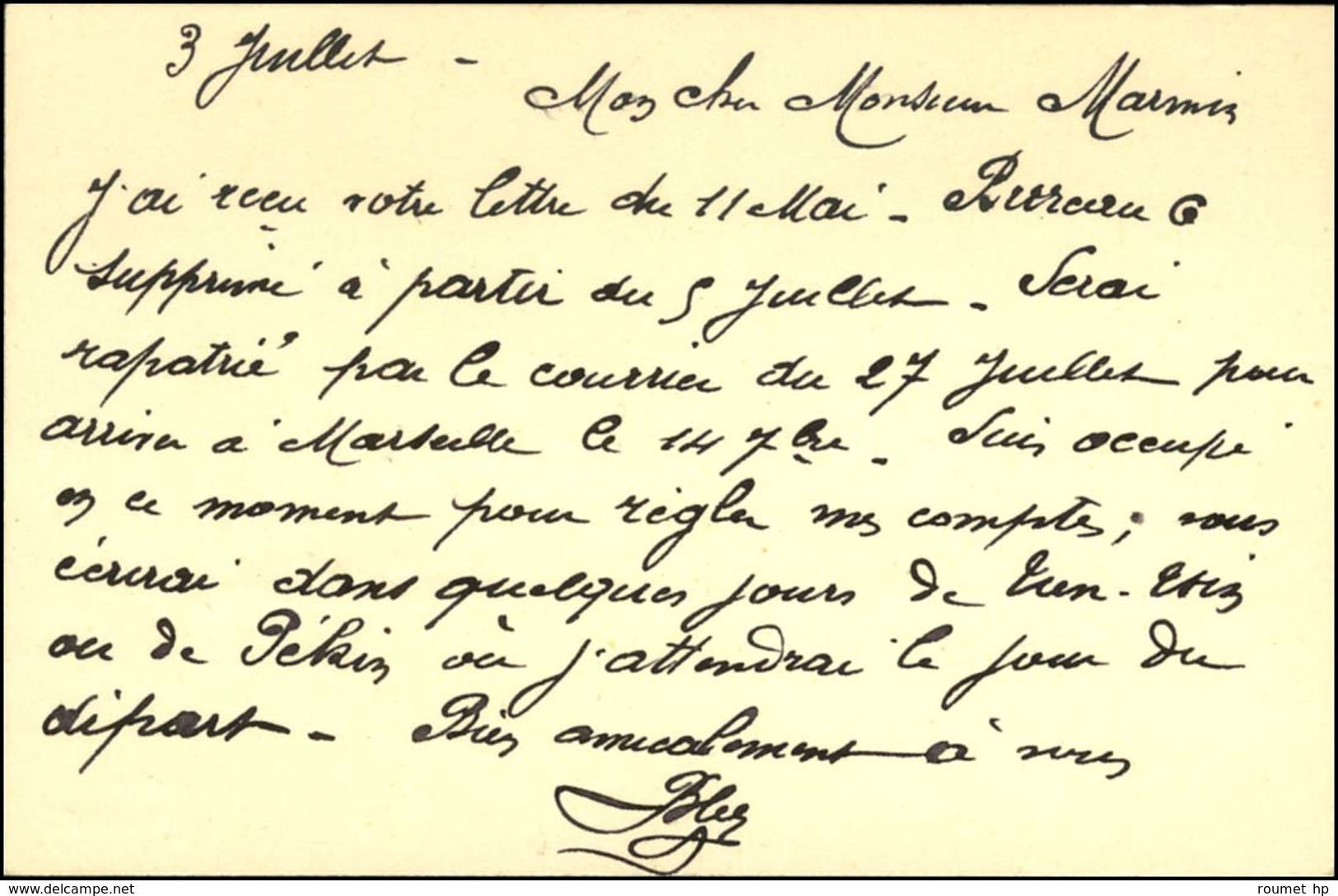 Càd 6 TRESOR Et POSTES AUX ARMEES 6 / CHINE 3 JUIL. 01(localisé à Chan-Haï-Kouan, Lettres Connues De Octobre 1900 Au 5 J - Marques D'armée (avant 1900)