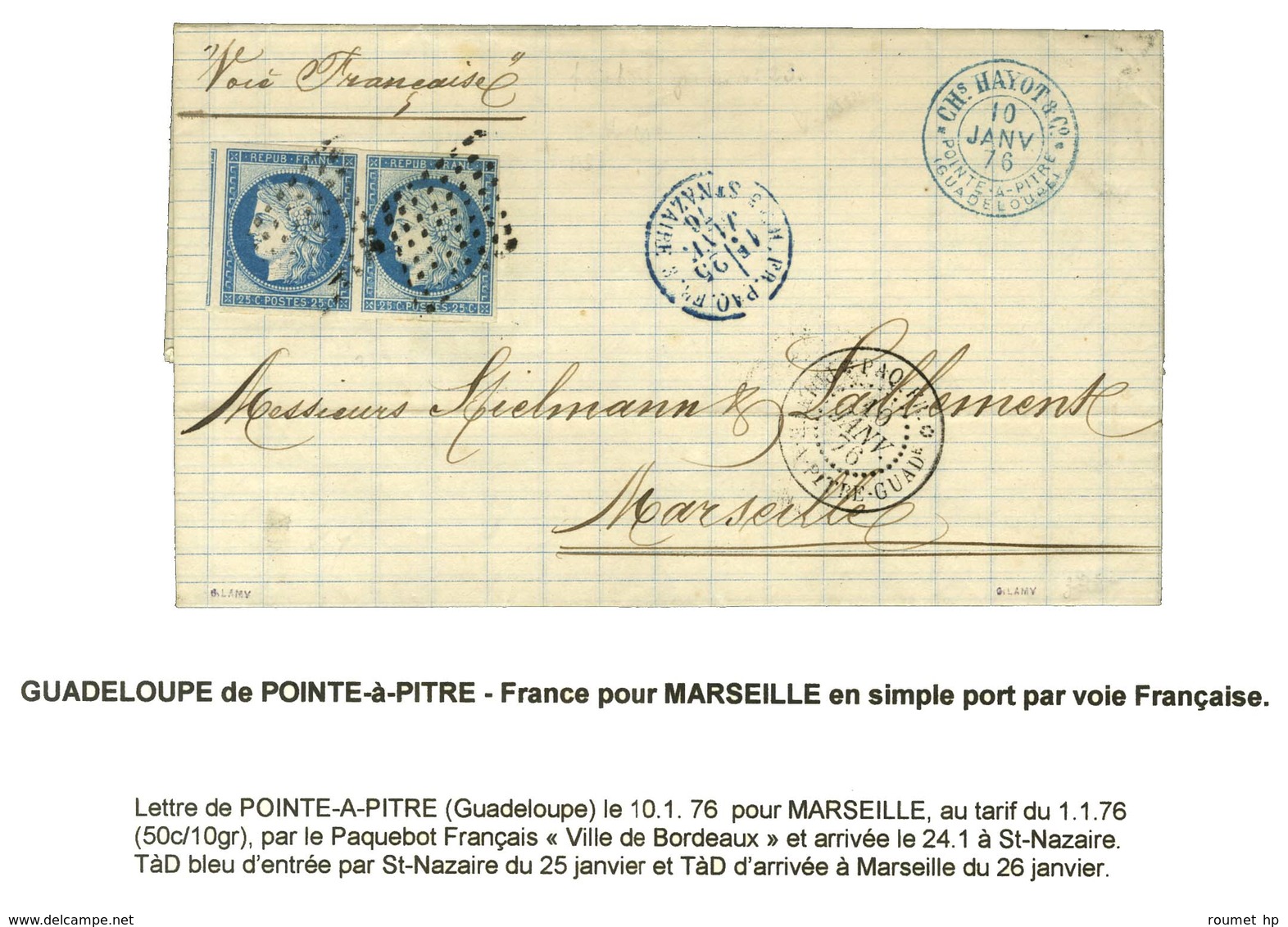Losange / Col. Gen. N° 23 Paire Belles Marges Càd PAQ. FR / POINTE A PITRE GUADe Sur Lettre Pour Marseille. 1876. - SUP. - Maritime Post