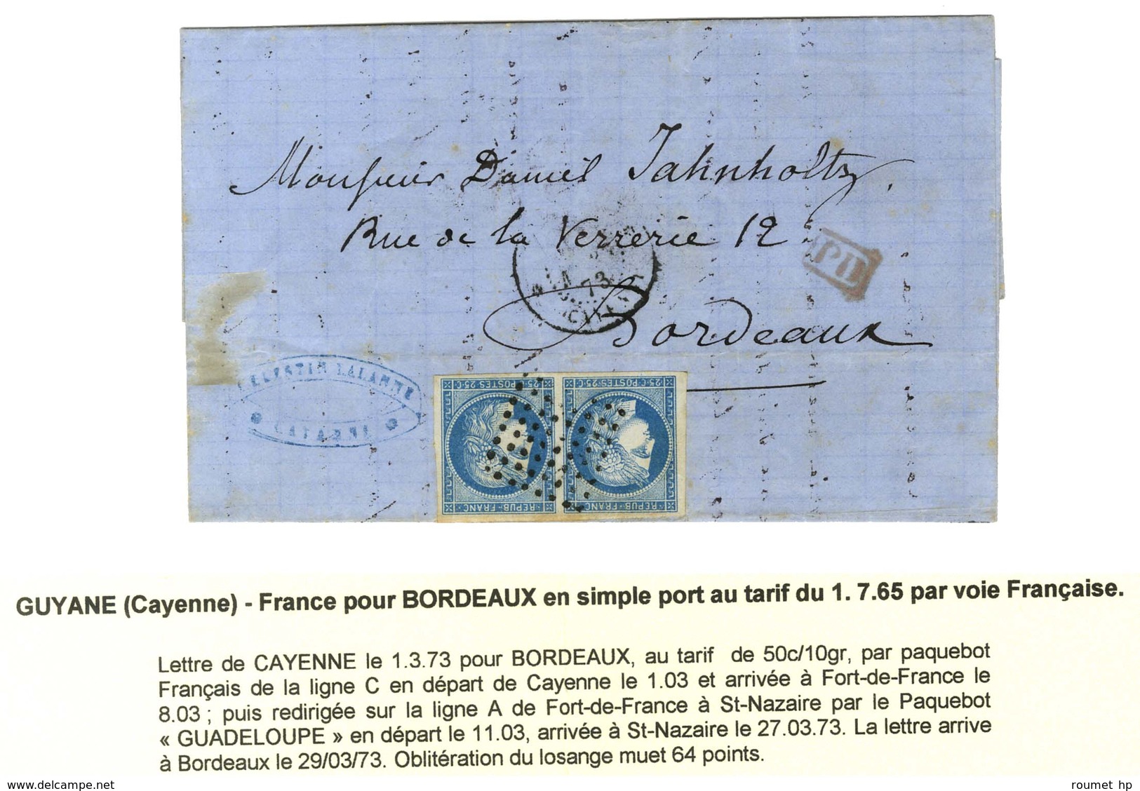 Losange / CG N° 23 Paire Càd GUYANE / CAYENNE Sur Lettre Pour Bordeaux. 1873. - TB. - R. - Poste Maritime