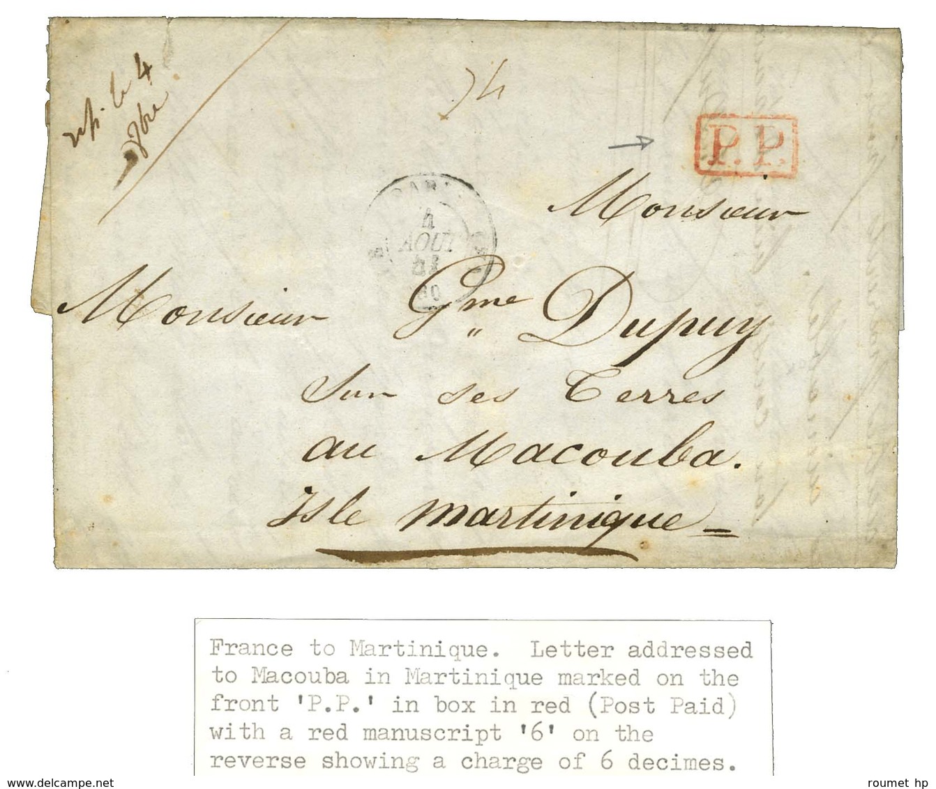 Lettre Avec Texte Daté De Paris Le 3 Août 1841 Pour Macouba. Au Recto, Càd PARIS (60) + P.P. Rouge. - TB. - Poste Maritime