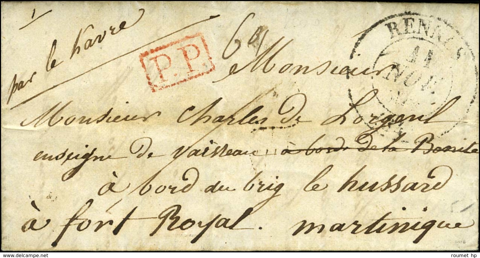 Càd T 13 RENNES + P.P. Rouge Sur Lettre Adressée à Un Militaire Au Fort Royal (Martinique), Au Verso Grand Cachet Rouge  - Maritime Post