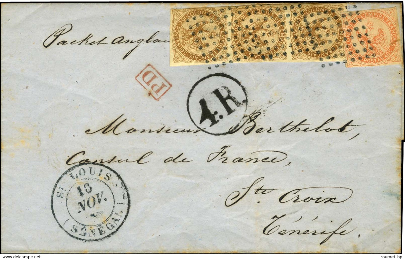 Losange Noir / CG N° 3 Bande De 3 + CG N° 5 Càd ST LOUIS / (SENEGAL) Sur Lettre Pour Ste Croix De Tenerife. A L'arrivée, - Schiffspost