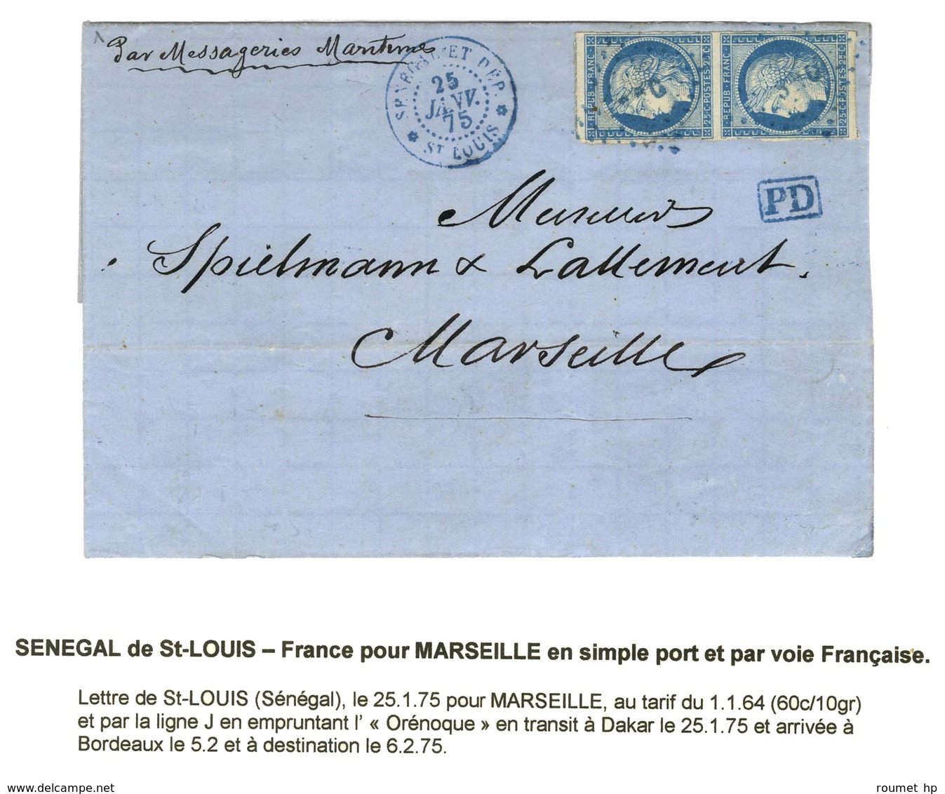 Losange Bleu SNG / Col. Gen. N° 23 Paire (1 Ex Leg Def) Càd Bleu SENEGAL ET DEP / ST LOUIS Sur Lettre Pour Marseille. 18 - Poste Maritime