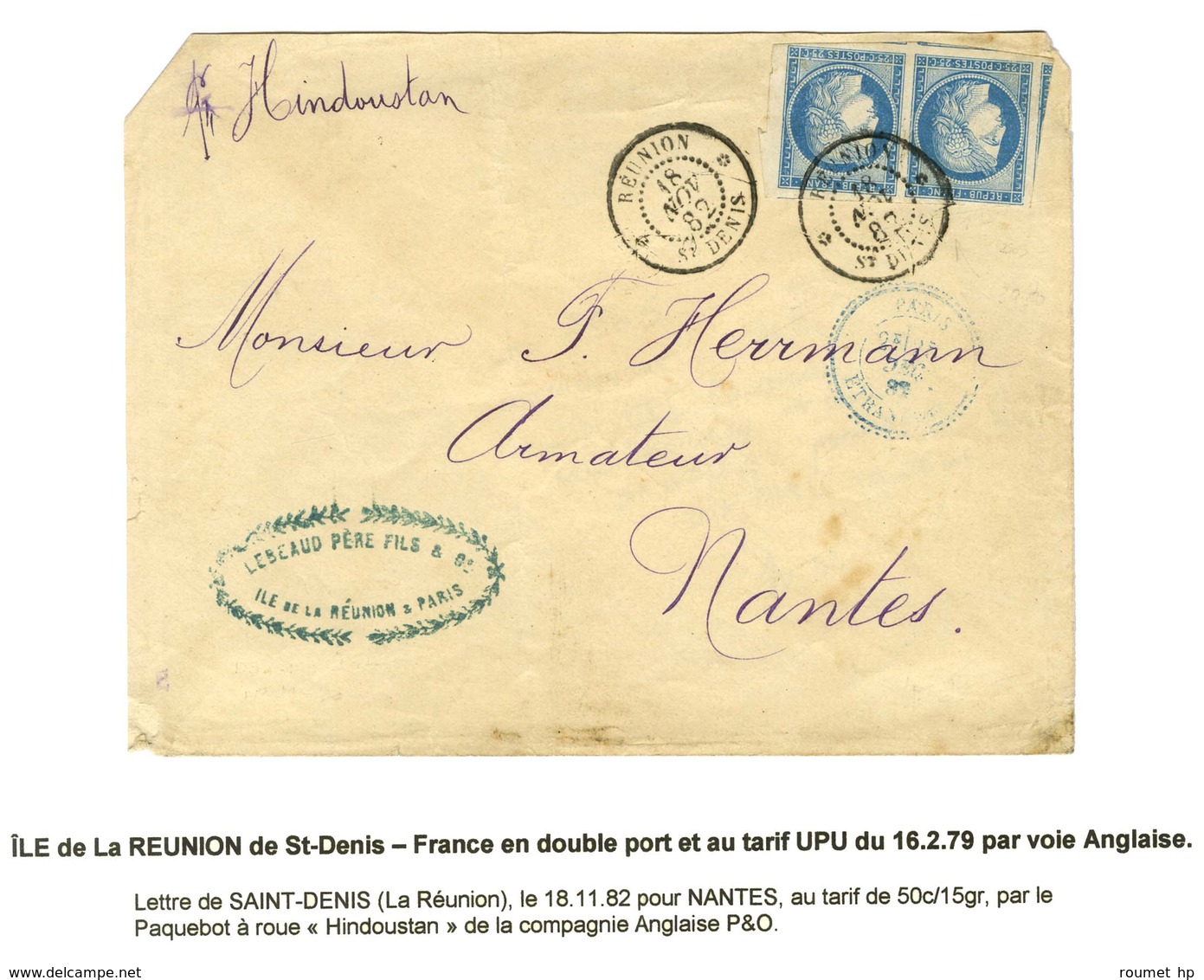 Càd REUNION / ST DENIS / Col. Gen. N° 23 Belles Marges Sur Lettre 2 Ports Pour Nantes Au Tarif UPU. 1882. - TB / SUP. -  - Maritime Post