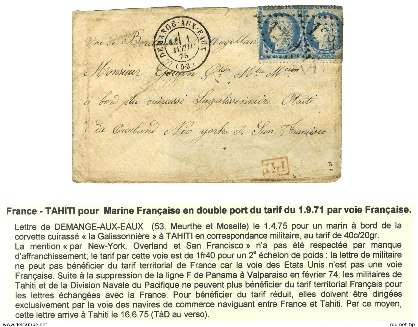 GC 1289 / N° 60 (2, 1 Ex. Pli) Càd T 17 DEMANGE-AUX-EAUX (53) Sur Lettre 2 Ports Au Tarif De Militaire Pour Le Cuirassé  - Schiffspost