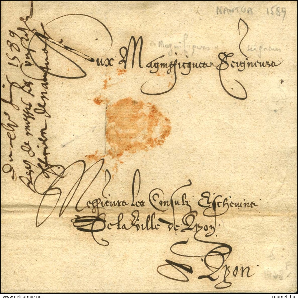 Lettre Avec Texte Daté De Nantua 1589 Pour Lyon Avec Entaille De Fermeture. - TB / SUP. - R. - ....-1700: Vorläufer