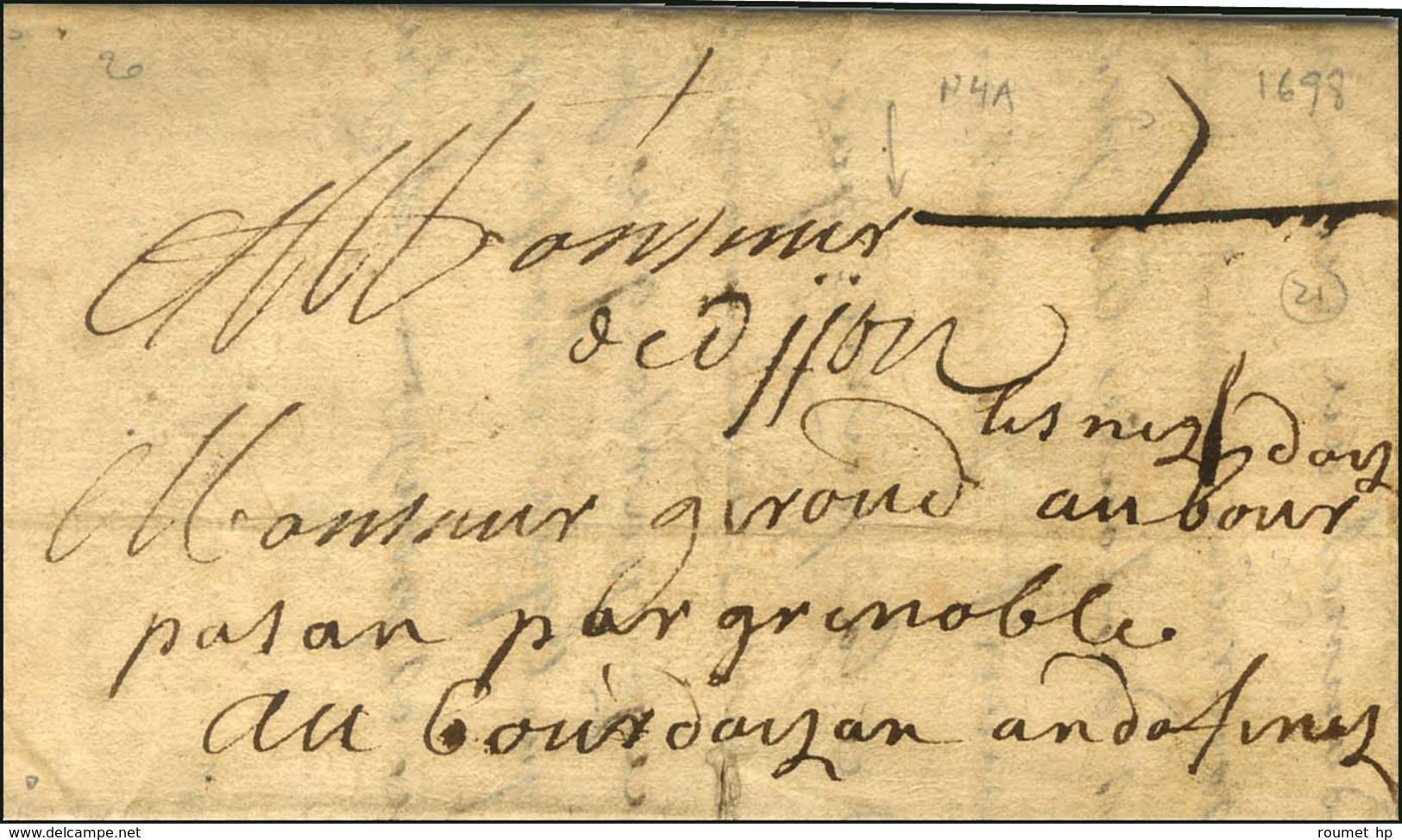 '' De Dijon '' (L N° 4) Sur Lettre Avec Texte Daté 1698. - TB. - R. - ....-1700: Precursores