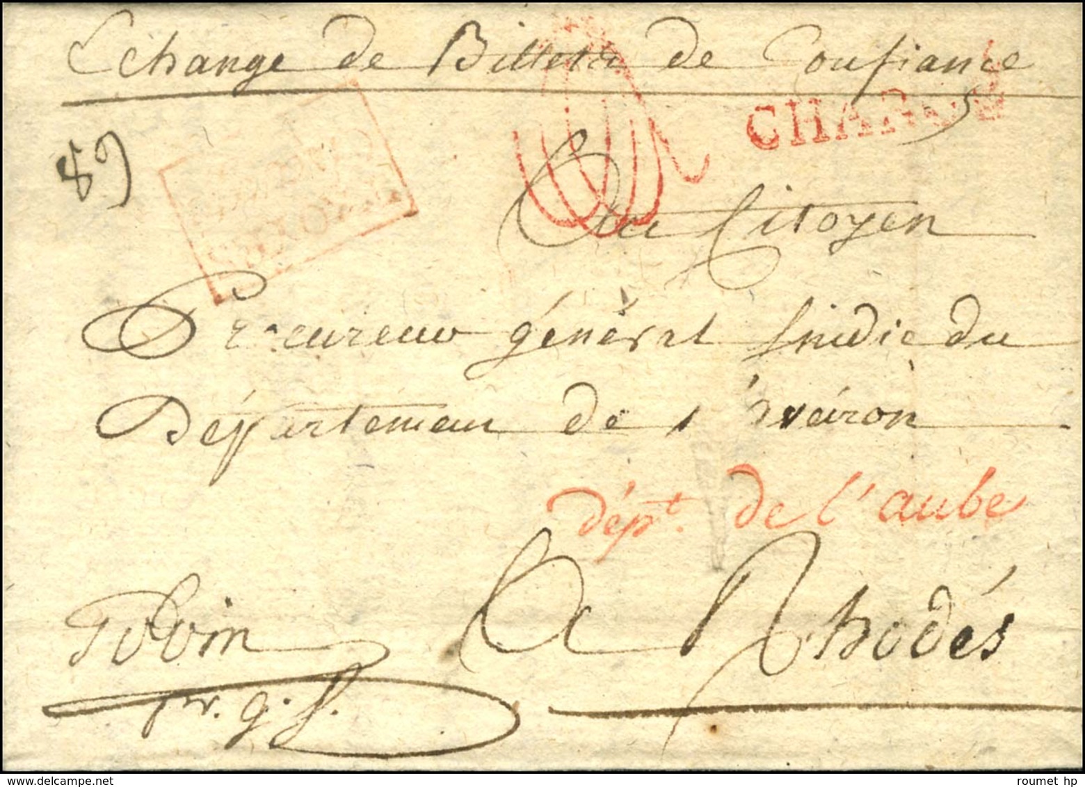 Marque Postale Encadrée Rouge TROYES / CHARGE (L N° 18) + '' échange De Billet De Confiance '' Sur Lettre Avec Texte Dat - 1701-1800: Précurseurs XVIII