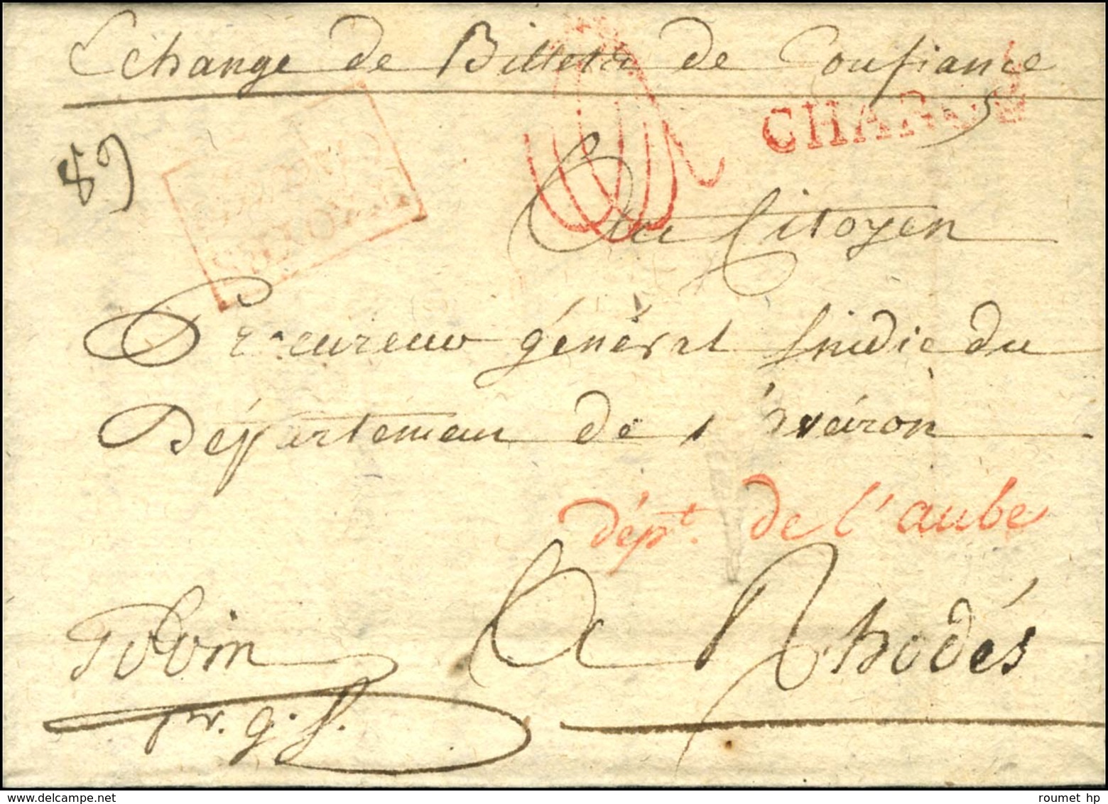 Marque Postale Encadrée Rouge TROYES / CHARGE (L N° 18) + '' échange De Billet De Confiance '' Sur Lettre Avec Texte Dat - 1701-1800: Precursori XVIII