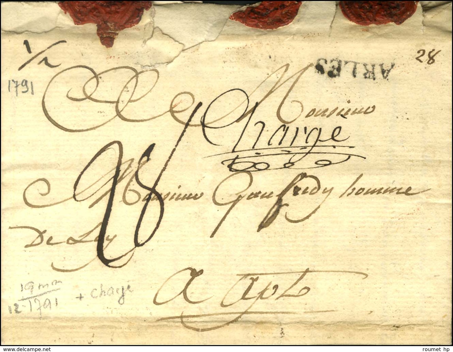 ARLES (L N° 2) + '' Chargé '' Sur Lettre Avec Texte Daté 1791 Pour Apt. - TB / SUP. - 1701-1800: Precursores XVIII