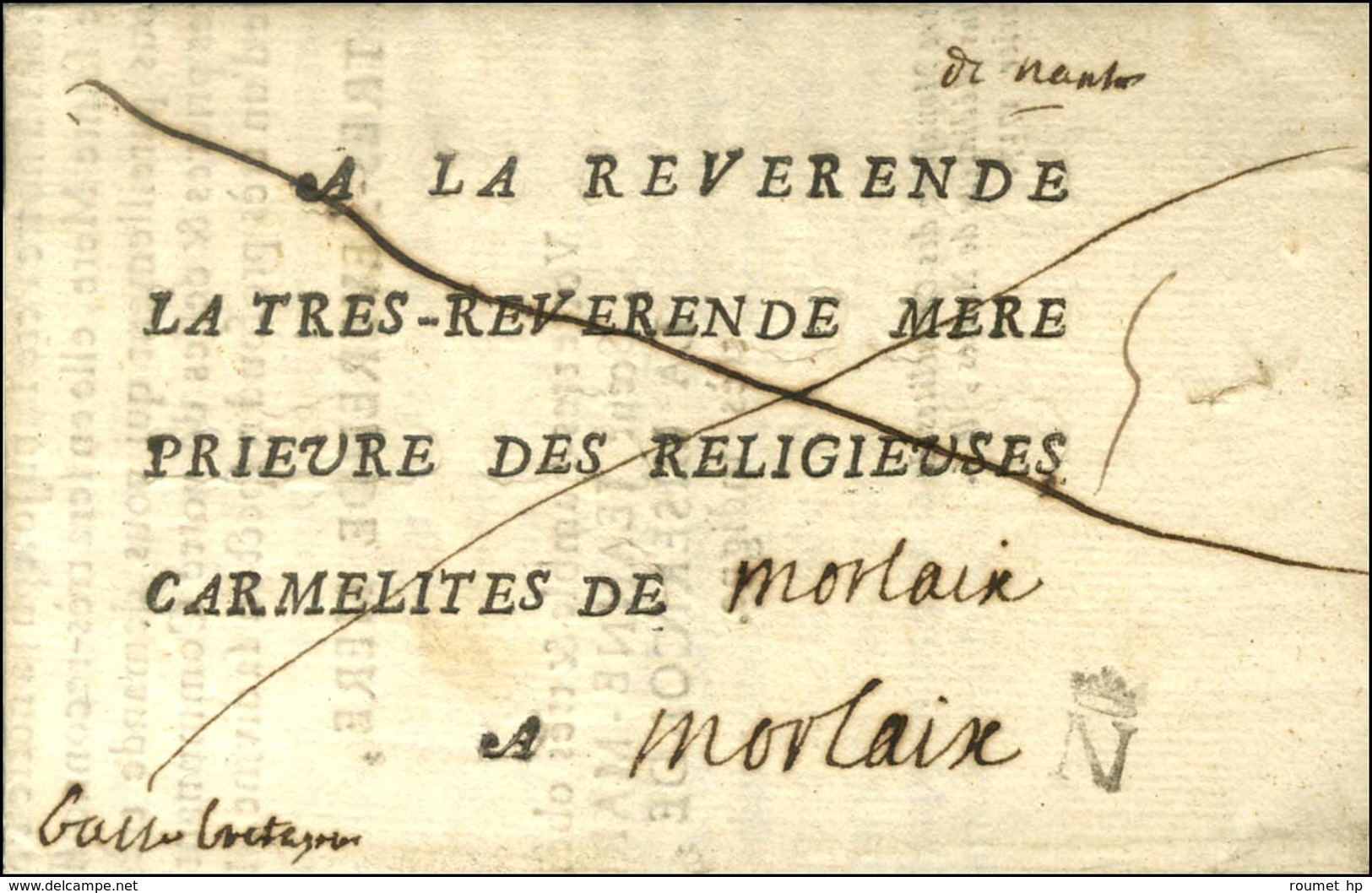 N Couronné + '' De Nantes '' Sur Lettre En Franchise Des Carmélites. 1727. Exceptionnelle Combinaison. - TB / SUP. - R. - 1701-1800: Precursores XVIII