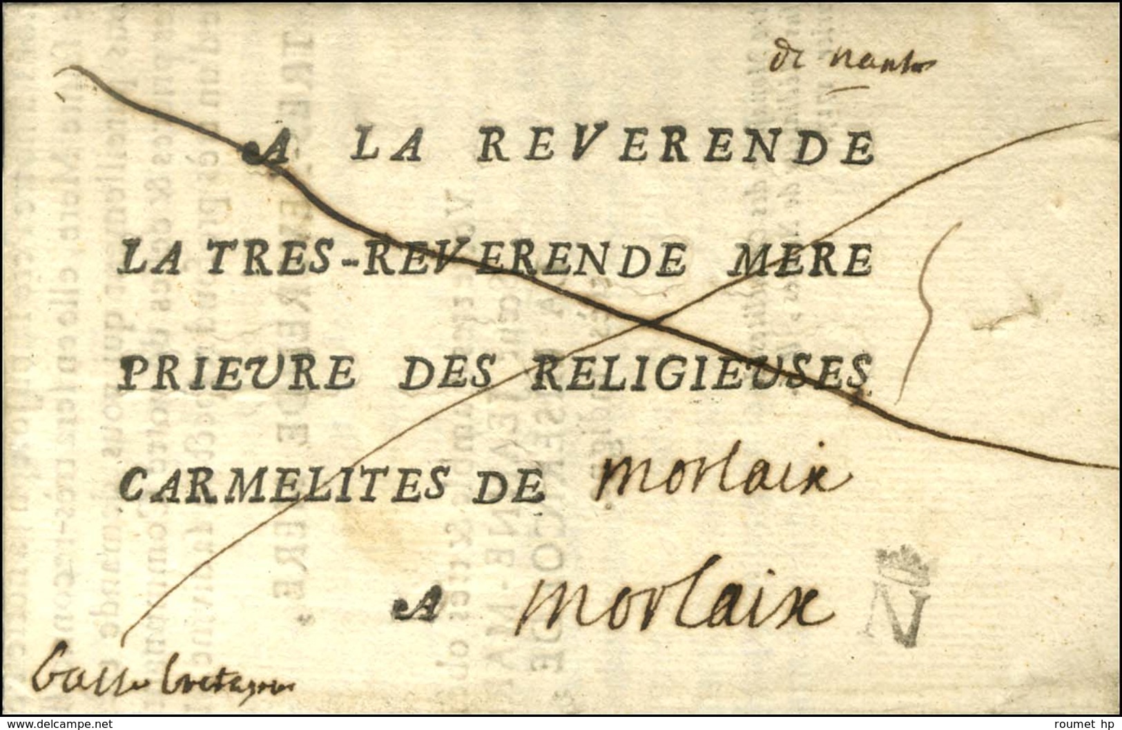 N Couronné + '' De Nantes '' Sur Lettre En Franchise Des Carmélites. 1727. Exceptionnelle Combinaison. - TB / SUP. - R. - 1701-1800: Precursori XVIII