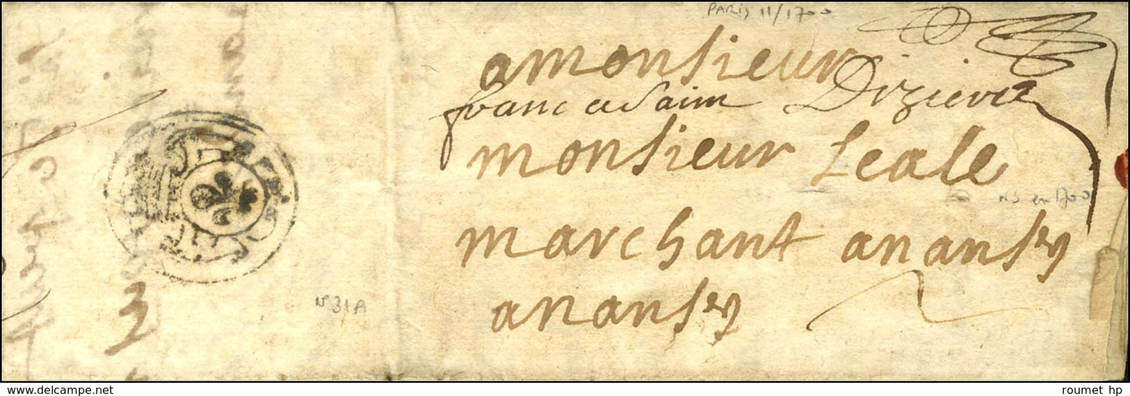 Lettre Avec Texte Daté De Paris Le 9 Novembre 1700 Adressée à Nantes, Au Verso Exceptionnel Port Payé Orné (L N° 31) Au  - 1701-1800: Précurseurs XVIII