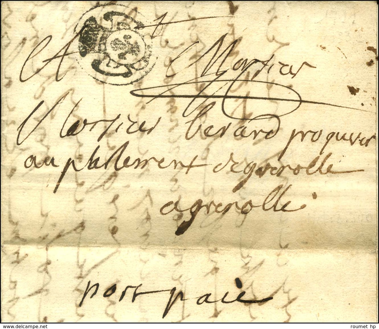 Lettre Avec Texte Daté De Bordeaux 1711 Adressée à Grenoble, Au Recto Et Au Passage à Paris Port Payé Orné, Au Verso Men - 1701-1800: Vorläufer XVIII