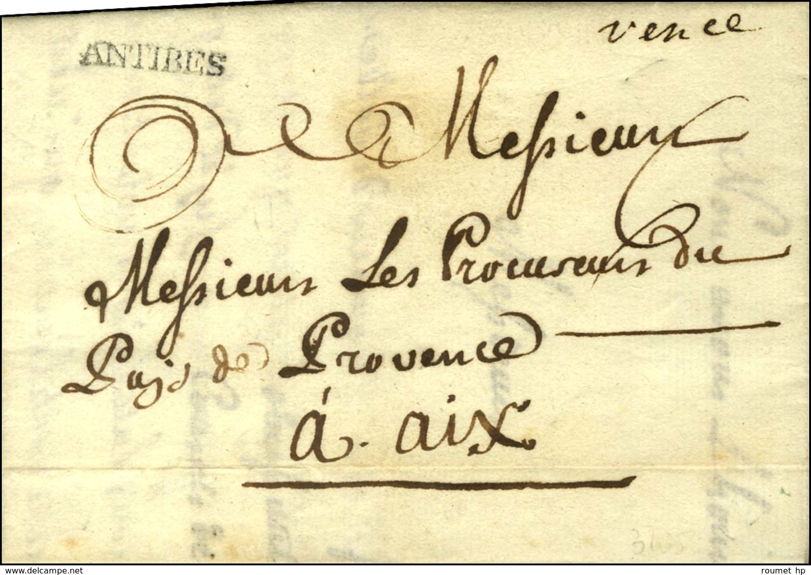 '' Vence '' + ANTIBES (L N° 1) Sur Lettre Avec Texte Daté 1785 Pour Aix. - SUP. - R. - 1701-1800: Précurseurs XVIII