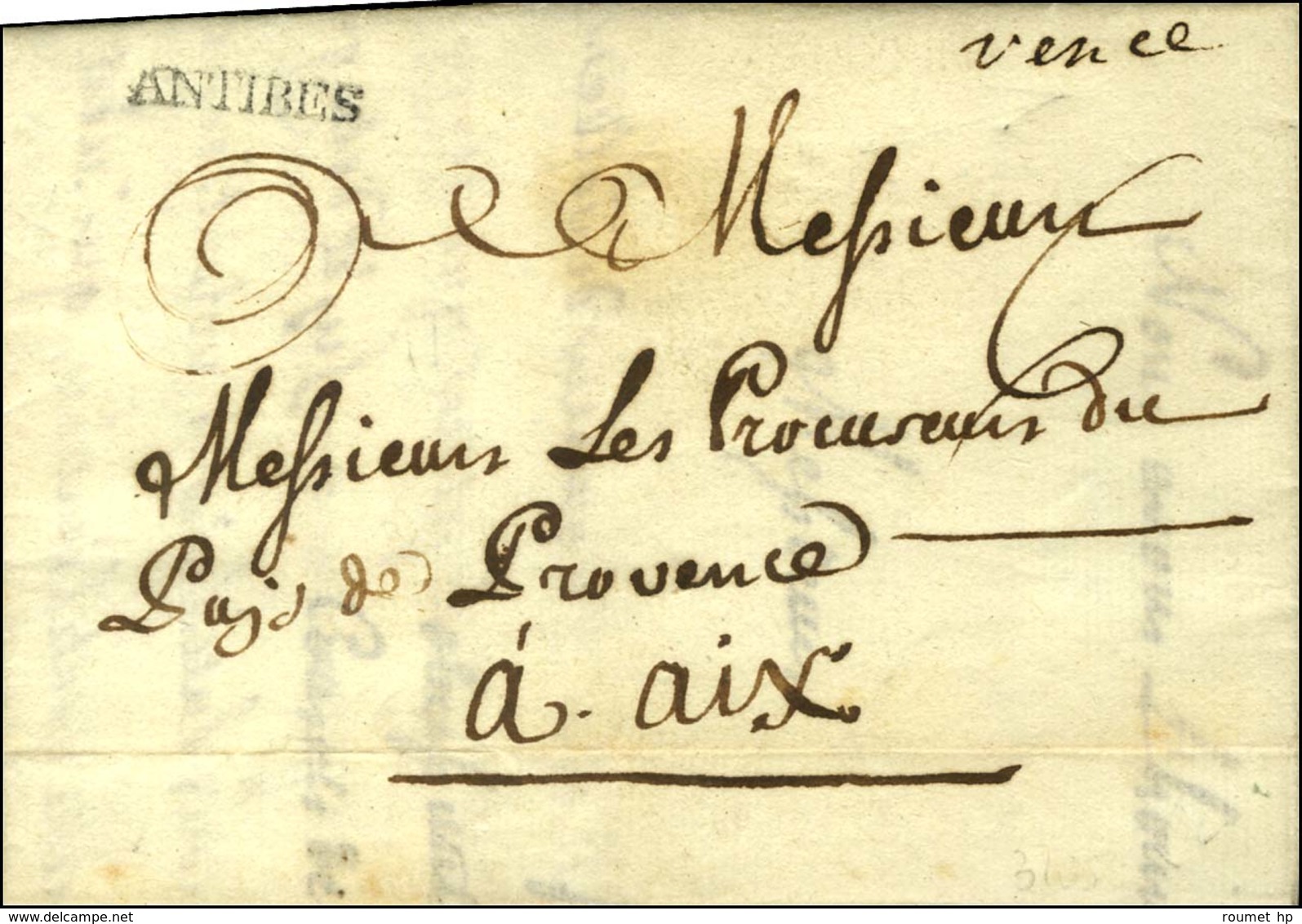 '' Vence '' + ANTIBES (L N° 1) Sur Lettre Avec Texte Daté 1785 Pour Aix. - SUP. - R. - 1701-1800: Precursori XVIII