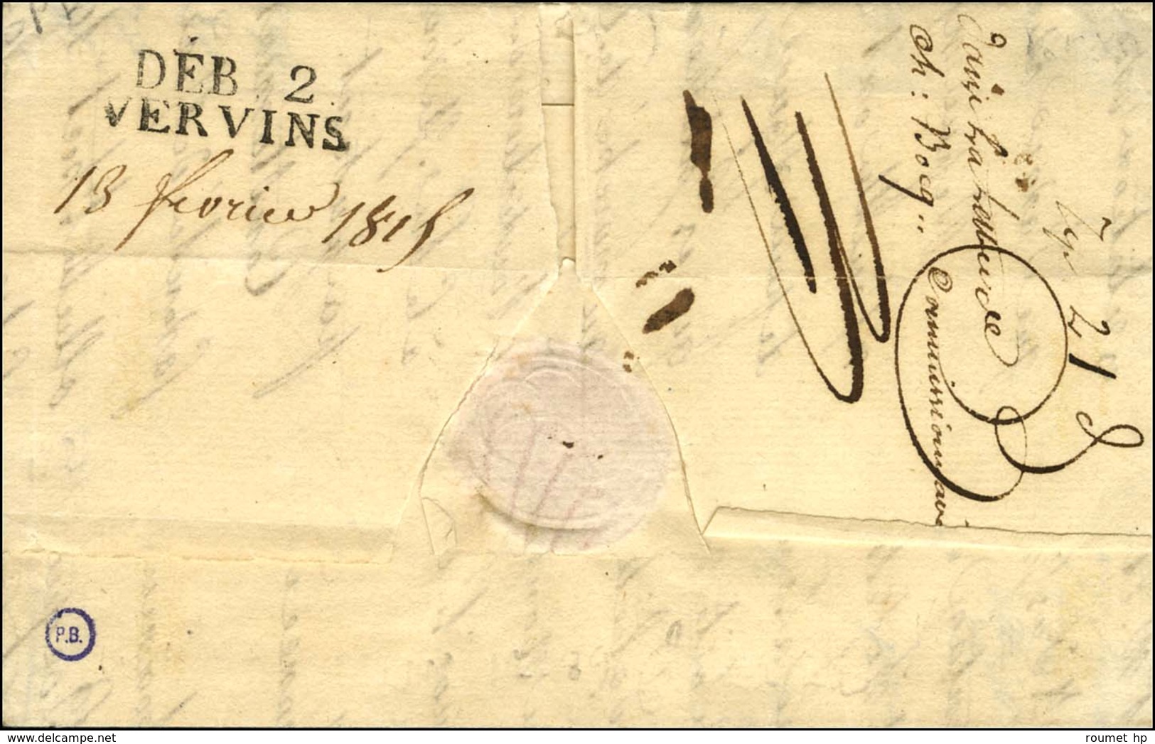 DEB. 2 / VERVINS (26 X 9) Sur Lettre Avec Texte Daté 1815. - SUP. - R. - 1801-1848: Precursori XIX