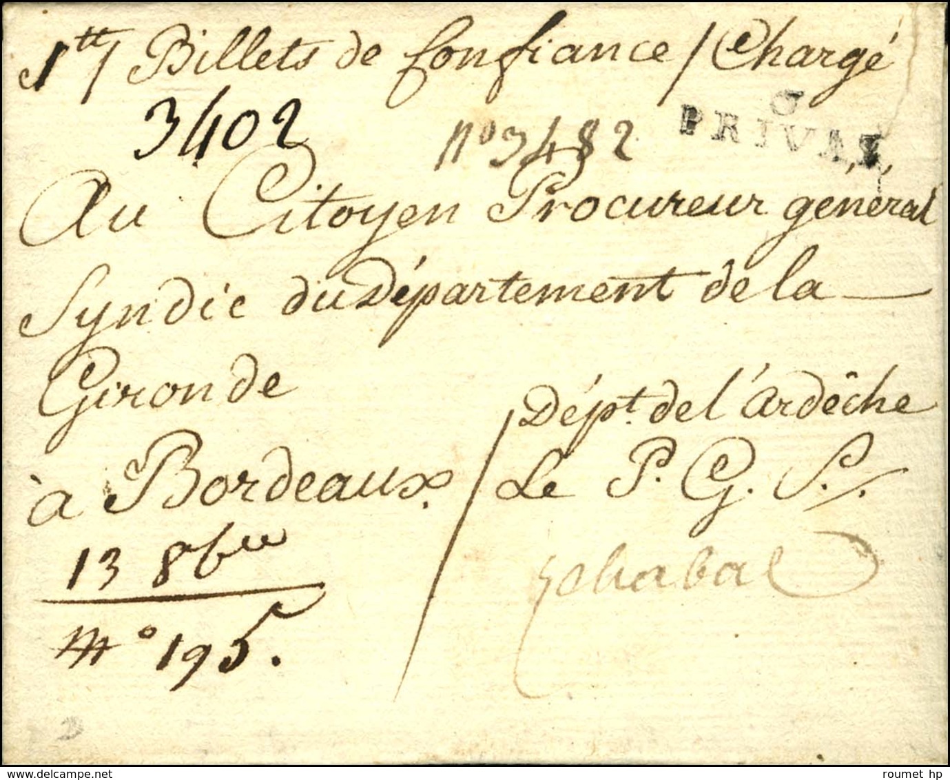 6 / PRIVAS Sur Lettre Chargée Avec Paraphe Du Procureur Général Chabal. 1793. - SUP. - 1801-1848: Précurseurs XIX