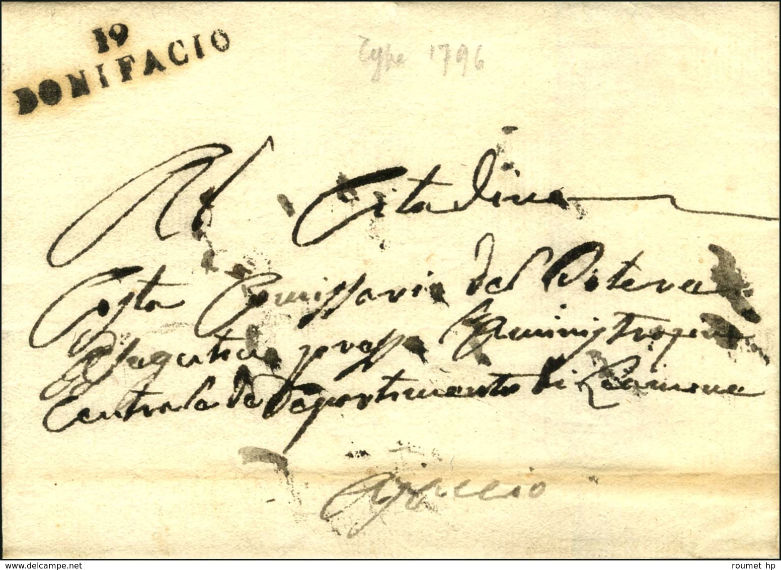 19 / BONIFACIO (type De 1796) Sur Lettre Sans Texte Pour Ajaccio. - TB / SUP. - 1801-1848: Précurseurs XIX