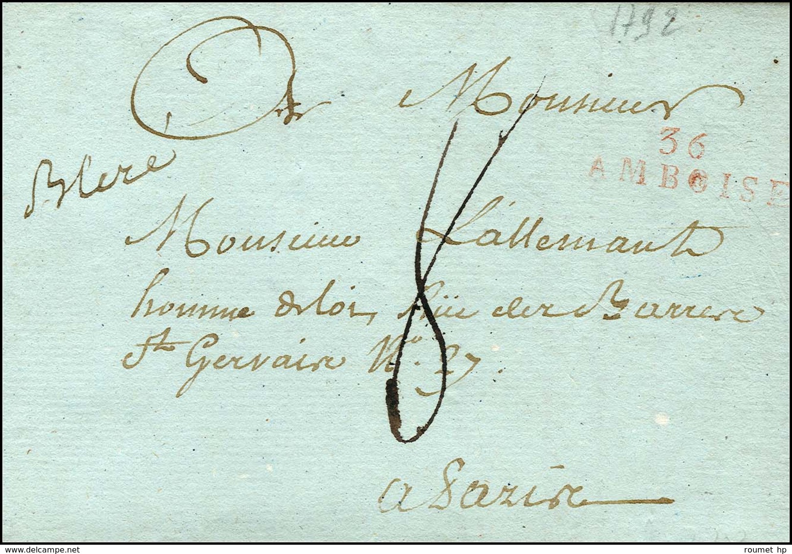 36 / AMBOISE (R) + '' Bleré '' Sur Lettre Datée De Bleré. 1792. - TB / SUP. - R. - 1801-1848: Précurseurs XIX