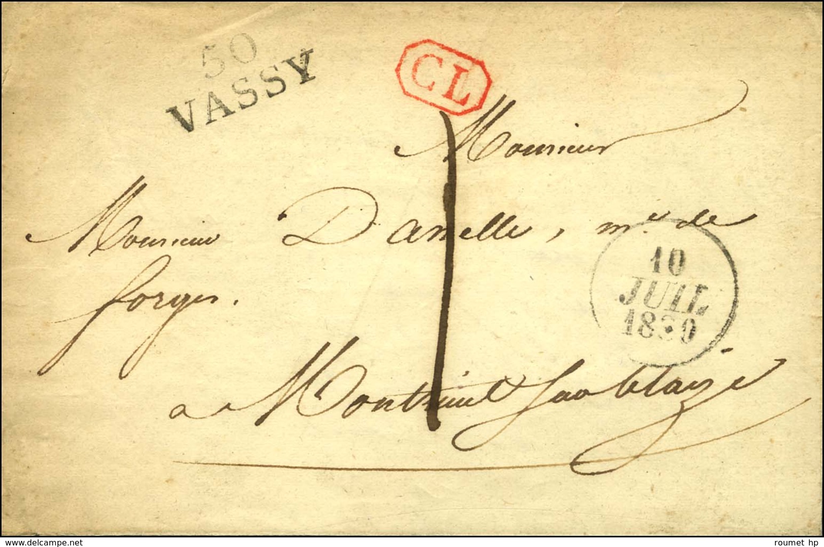 50 / VASSY Sur Lettre Avec Texte Adressée Localement. Au Recto,  CL Rouge Et Taxe 1. 1830. - SUP. - 1801-1848: Précurseurs XIX