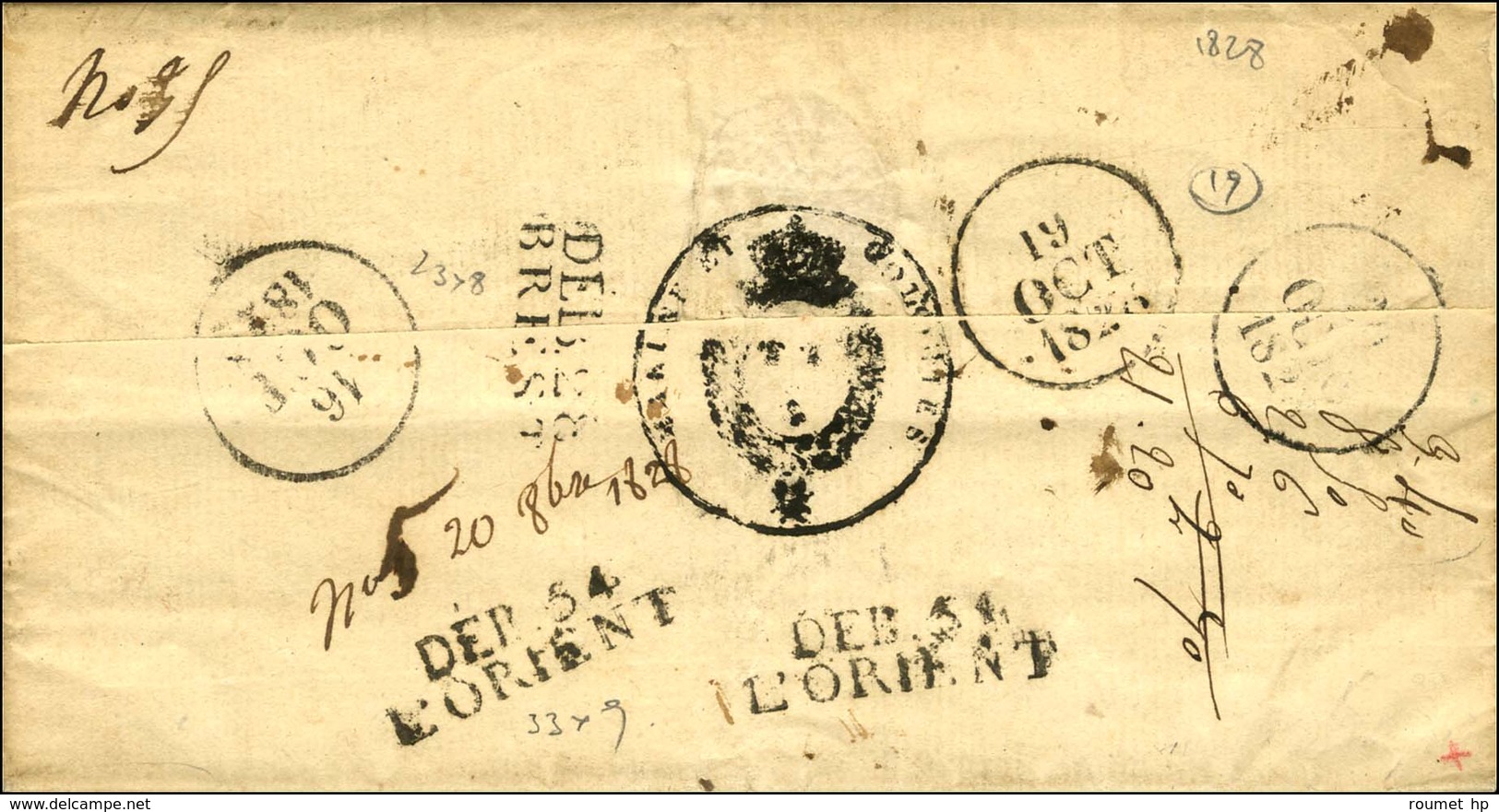 DÉB.54 L'ORIENT + DÉB.28 / BREST, Au Recto 28 / BREST. 1828. - TB / SUP. - 1801-1848: Vorläufer XIX
