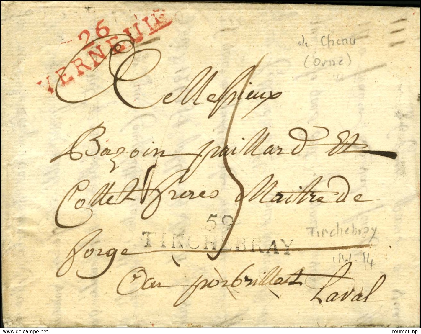 59 / TINCHEBRAY Sur Lettre Avec Texte Daté De Chenu Le 26 Août 1811 Pour Le Port Brillet. Au Recto, Marque Linéaire Roug - 1801-1848: Précurseurs XIX