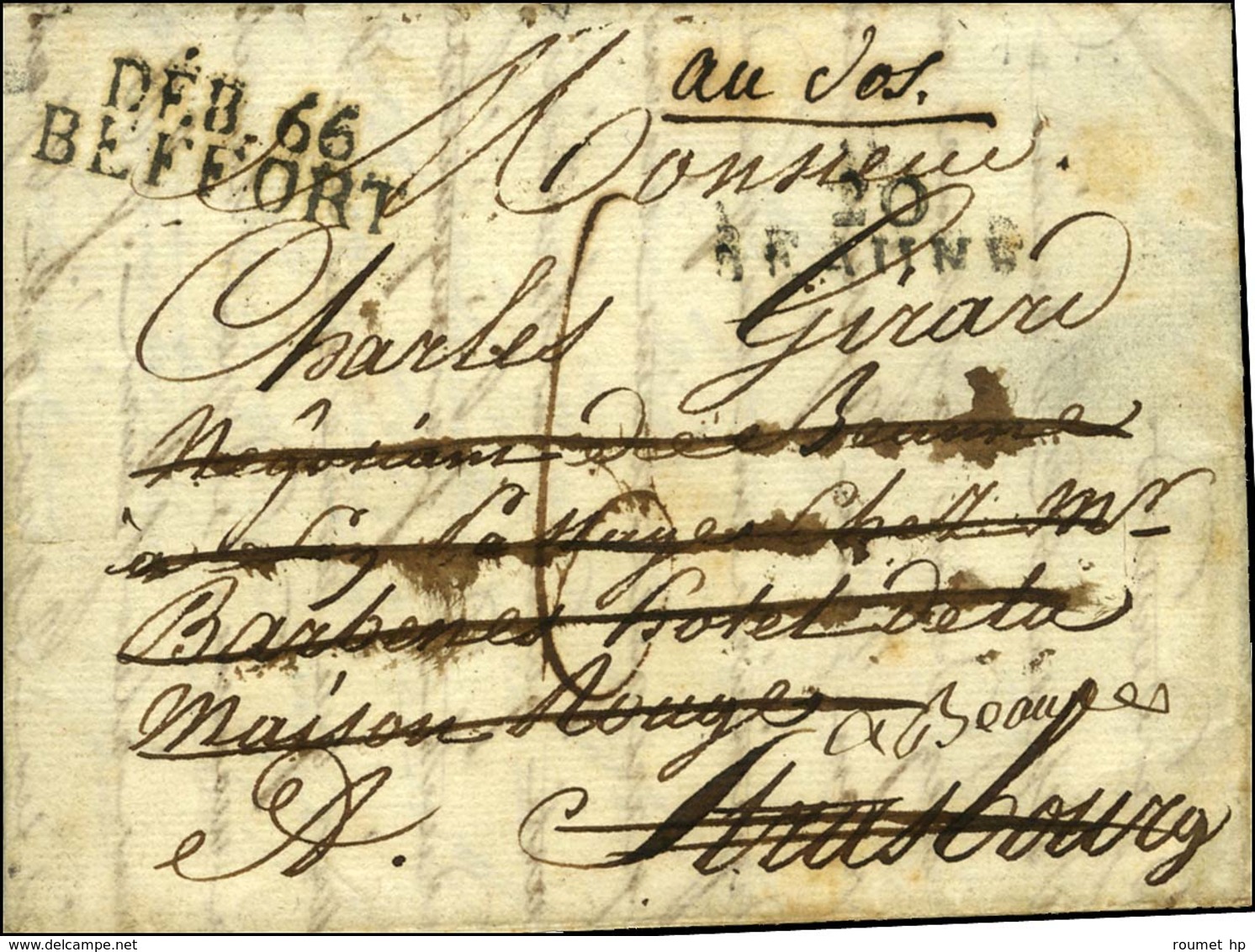 20 / BEAUNE Sur Lettre Adressée à Strasbourg Réexpédiée. Au Verso, '' D.b. De Chagny ''. Au Recto, DEB. 66 / BEFFORT Sur - 1801-1848: Précurseurs XIX