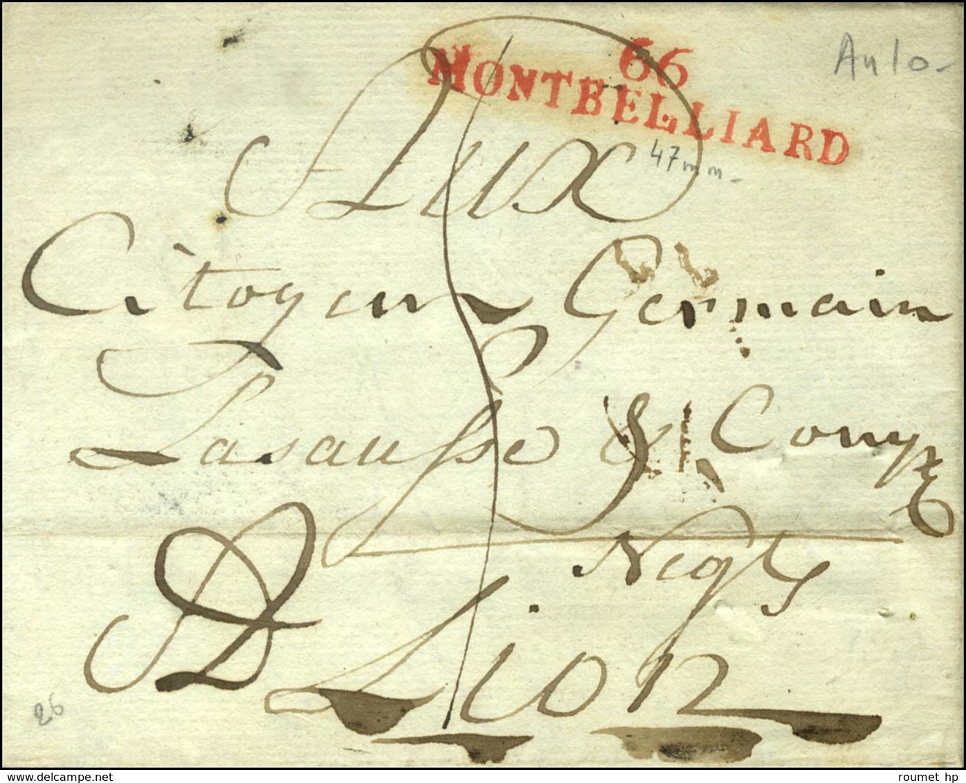 66 / MONTBELLIARD Rouge Sur Lettre Avec Texte Daté An 10 Pour Lyon. - SUP. - RR. - 1801-1848: Précurseurs XIX