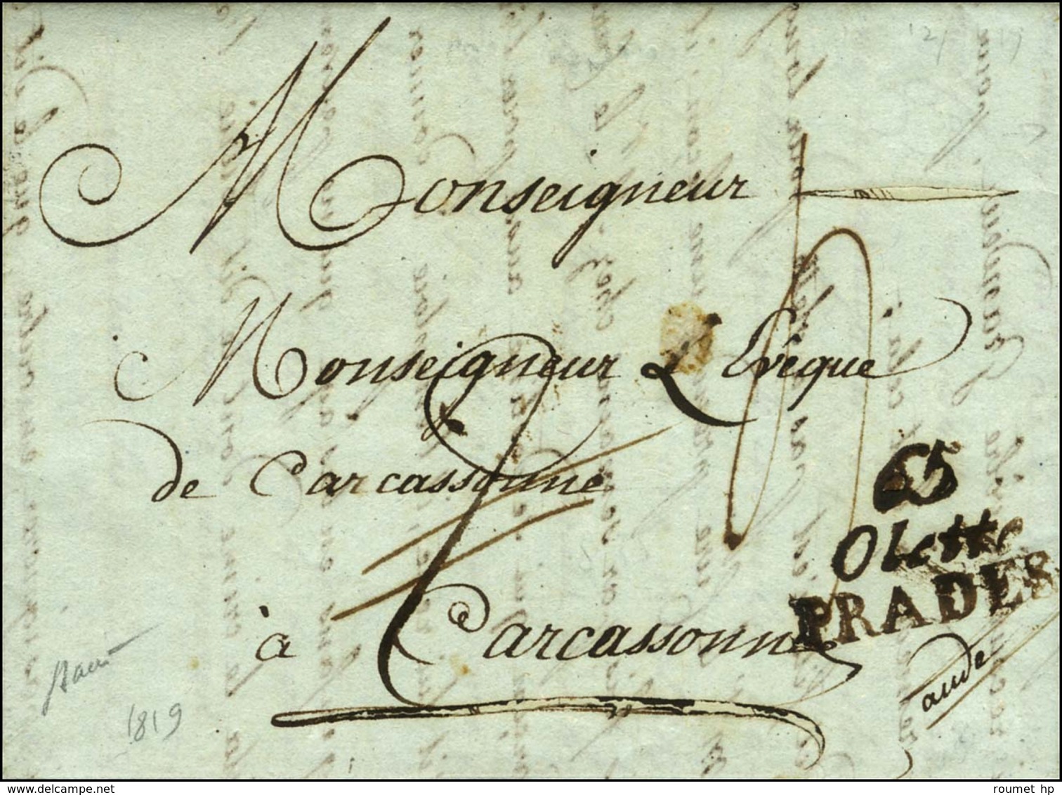 Cursive 65 / Olette / PRADES Sur Lettre Pour Carcassonne, Au Verso DÉB 65 / PERPIGNAN (rouge) + Griffe D'arrivée. 1819.  - Autres & Non Classés