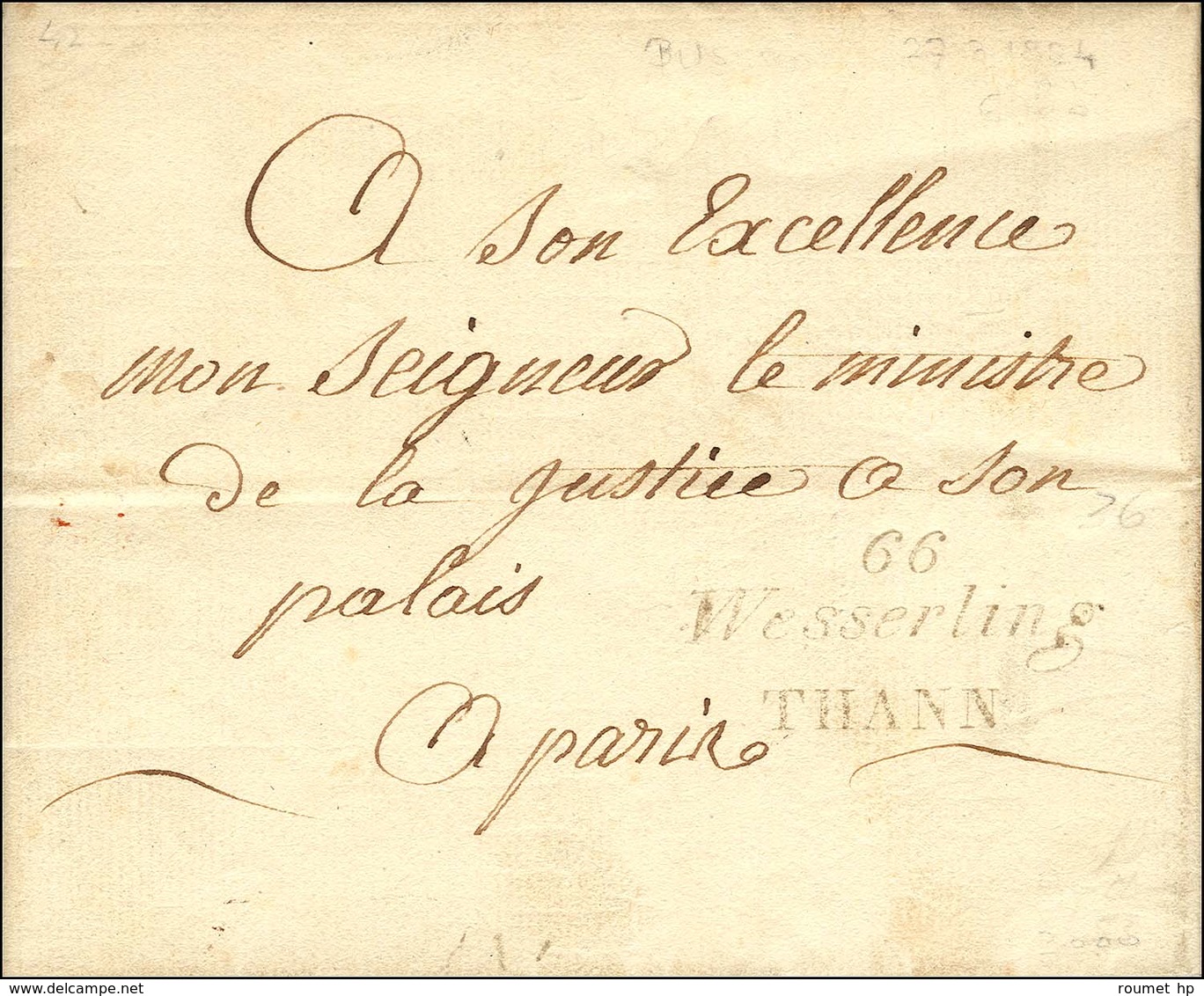 66 / Wesserling / THANN Sur Lettre En Franchise Pour Le Ministre De La Justice à Paris. 1824. (cote : 550). - TB / SUP.  - Autres & Non Classés