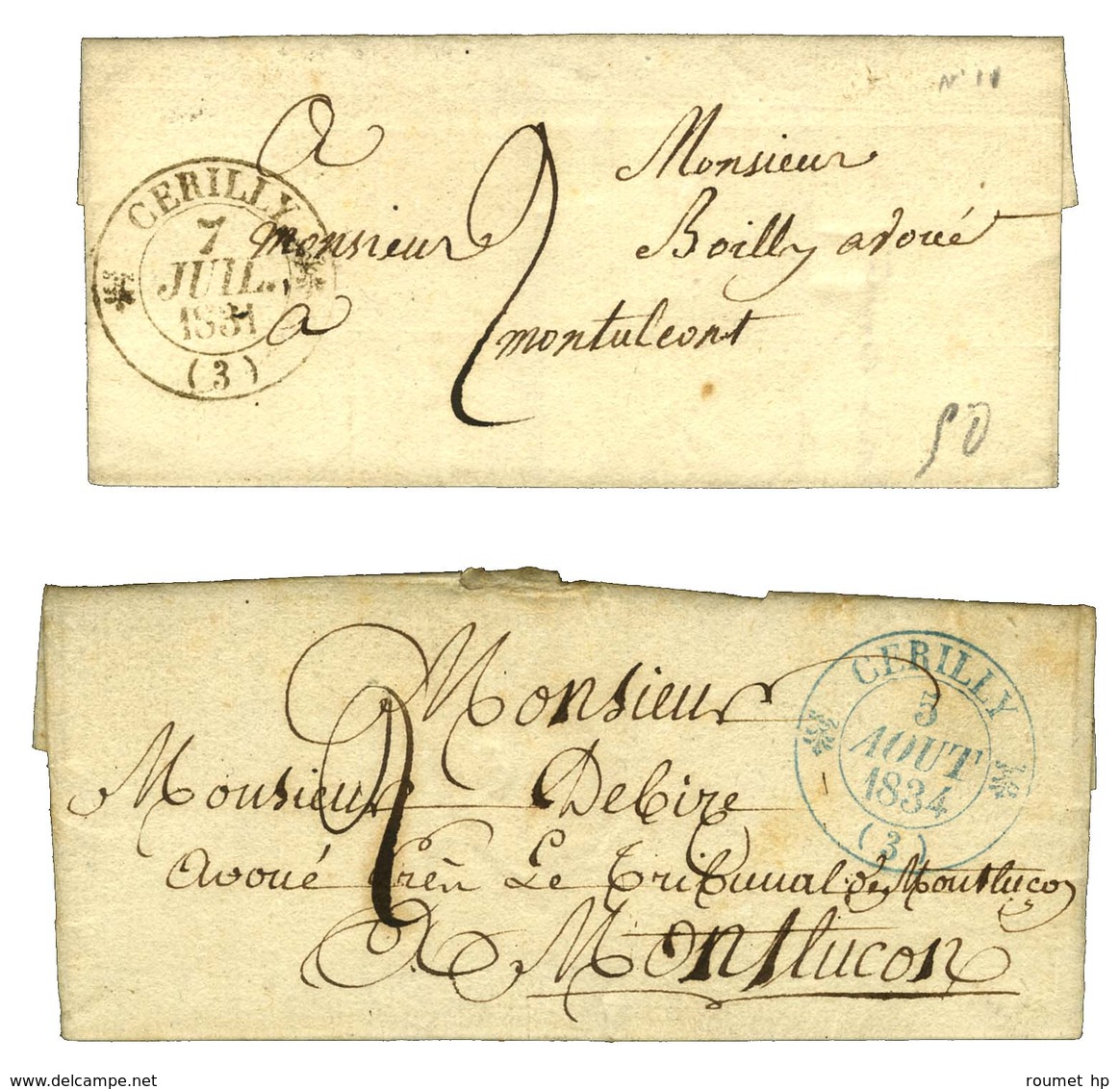 Lot De 2 Lettres Avec Càd T 12 CERILLY : Noir, 1831 ; Bleu, 1834. - SUP. - Other & Unclassified