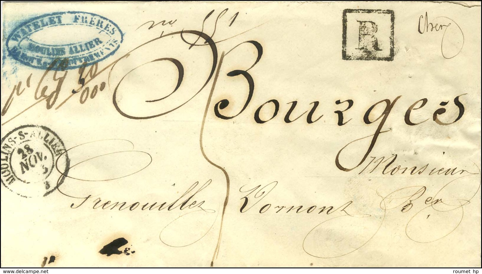 Càd T 15 MOULINS-S-ALLIER 3 Sur Lettre Recommandée Pour Bourges. Au Recto, R Noir Et Taxe 5. 1853. - TB / SUP. - Autres & Non Classés