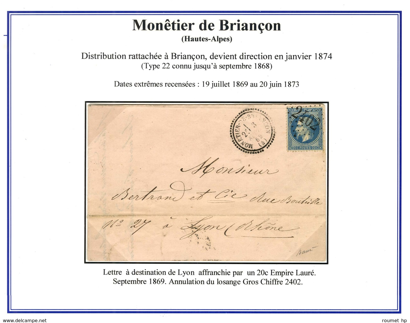 GC 2402 / N° 29 Càd T 23 MONETIER-DE-BRIANCON (4). 1869. - TB / SUP. - R. - Sonstige & Ohne Zuordnung