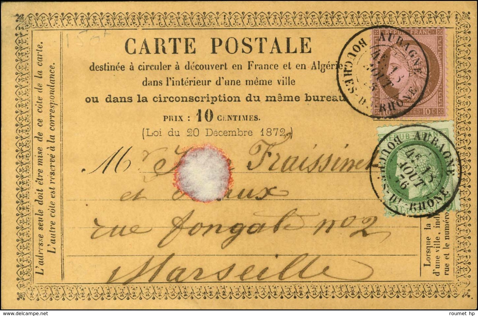 Càd T 18 AUBAGNE / BOUCHES-DU-RHÔNE / N° 53 + 54 Sur CP Pour Marseille. 1876. - TB / SUP. - Sonstige & Ohne Zuordnung