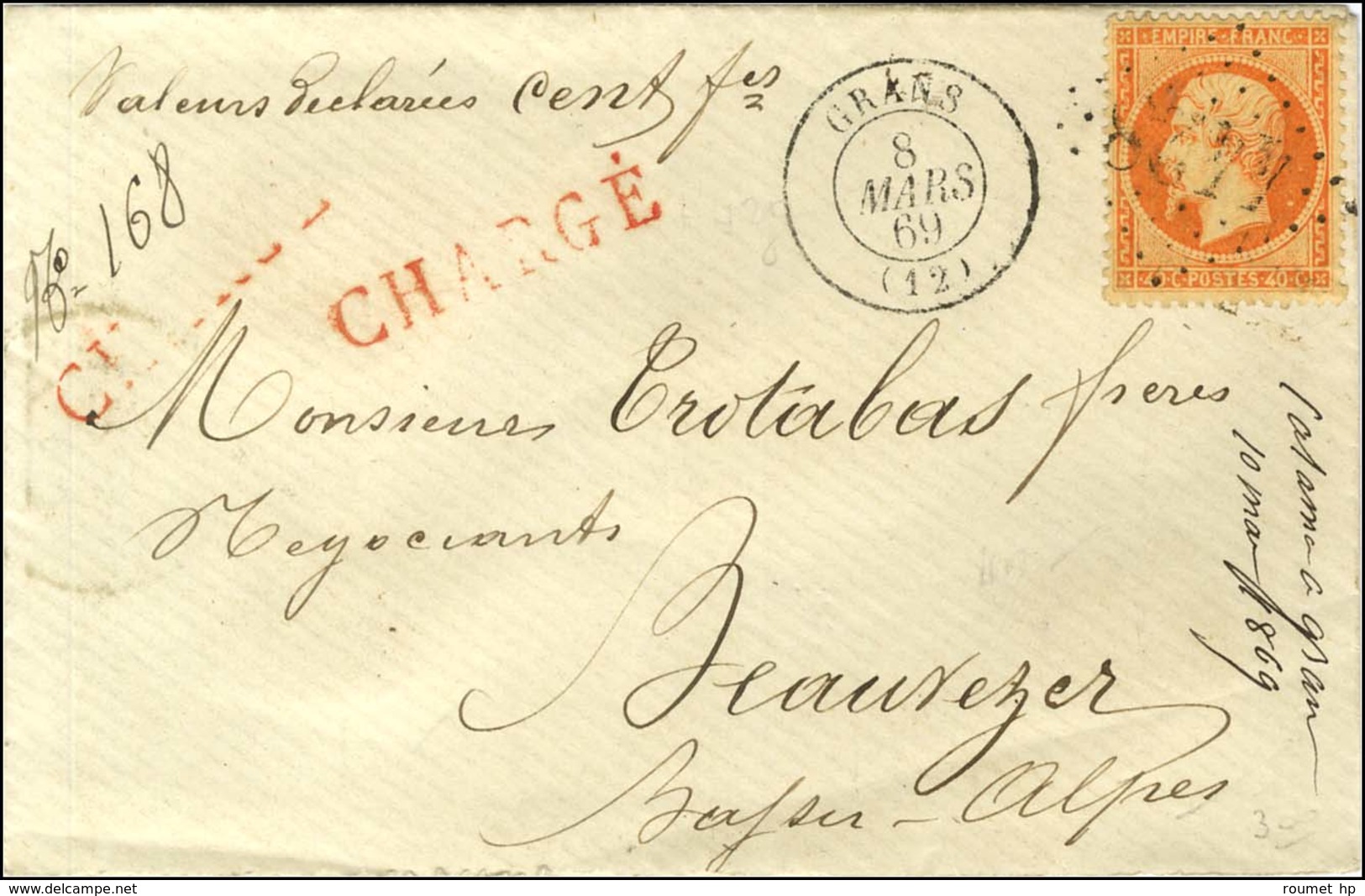 GC 4428 / N° 23 Càd T 15 GRANS (12) Sur Lettre Chargée. 1869. - TB / SUP. - Altri & Non Classificati