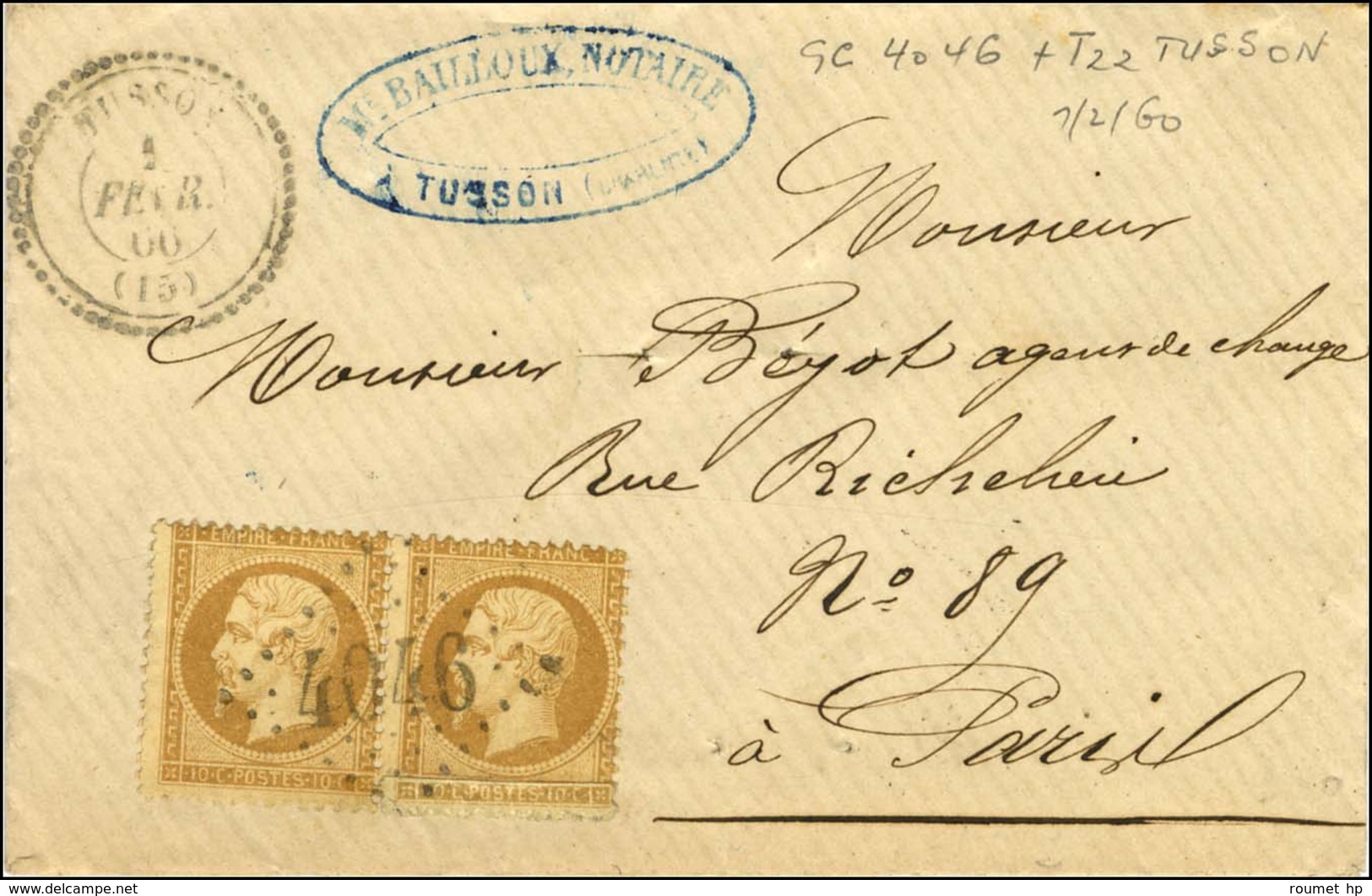 GC 4046 / N° 22 Paire Càd T 22 TUSSON (15). 1866. - TB. - Sonstige & Ohne Zuordnung