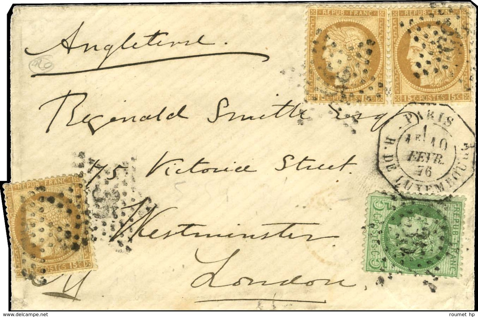 Etoile 35 / N° 53 Infime Def + 55 (3) Càd Octo De Lev Ex PARIS / R. DE LUXEMBOURG 1E Sur Lettre Pour Londres. 1876. - TB - Other & Unclassified