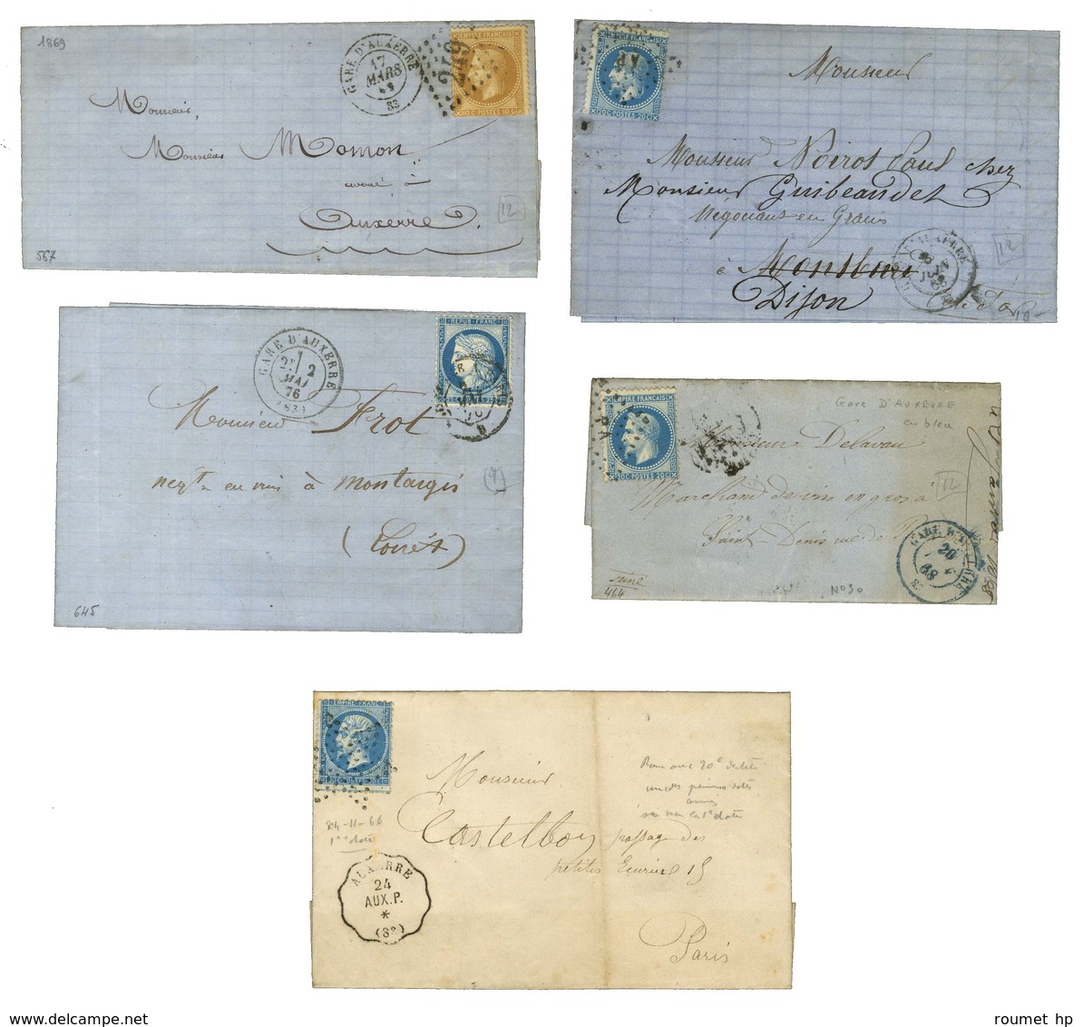 Lot De 21 Lettres Affranchies D'Auxerre : 1 Grille; 2 PC, 3 Càd , 5 GC, 5 Lettres Avec Taxe Carrée Et 5 Cachets Ferrovia - Sonstige & Ohne Zuordnung