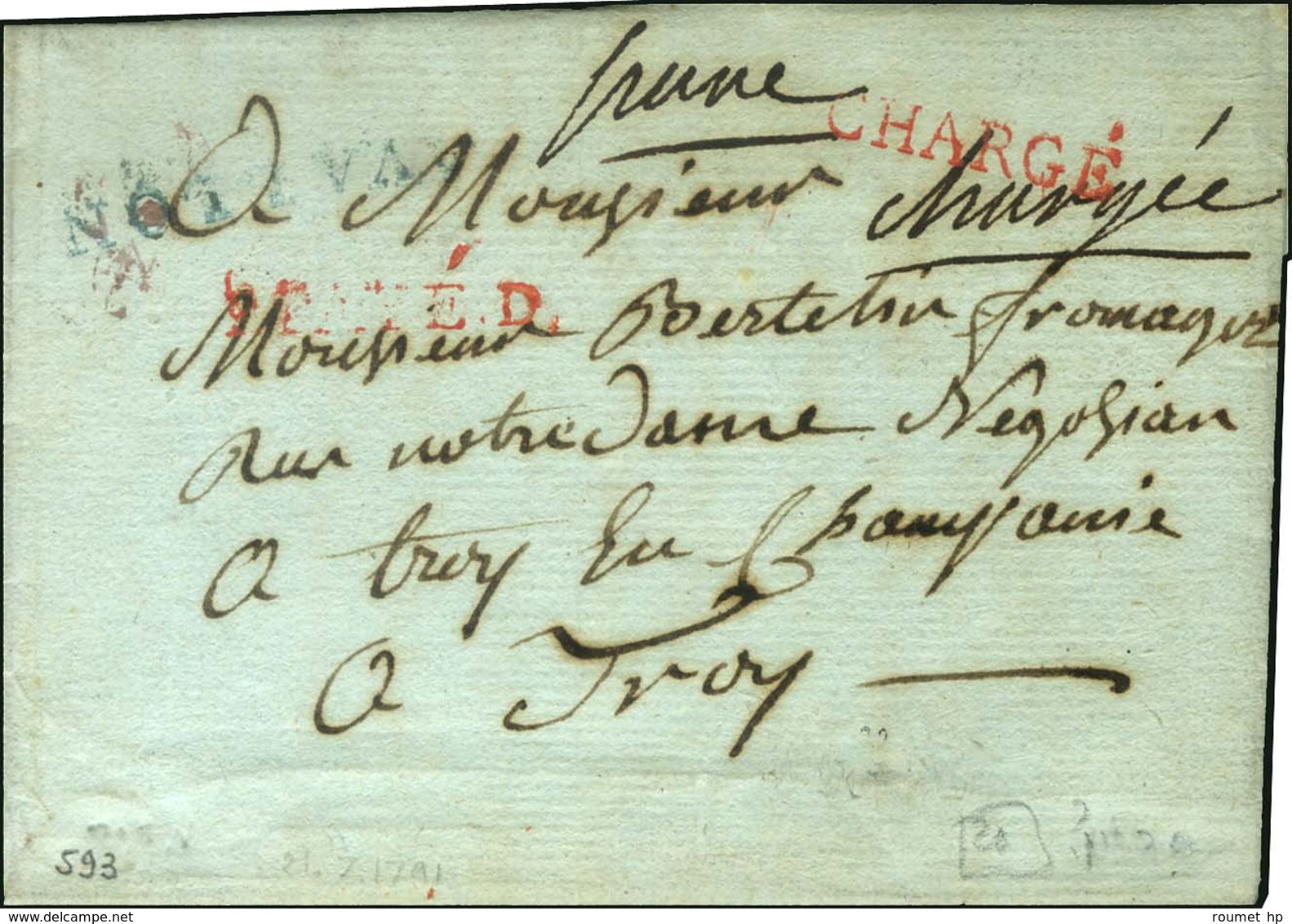 AVALLON Bleu (L N° 5) + CHARGE Rouge Sur Lettre Avec Texte Daté 1791. Au Recto Et Au Passage à Paris P.PAYE D Rouge. - T - Other & Unclassified