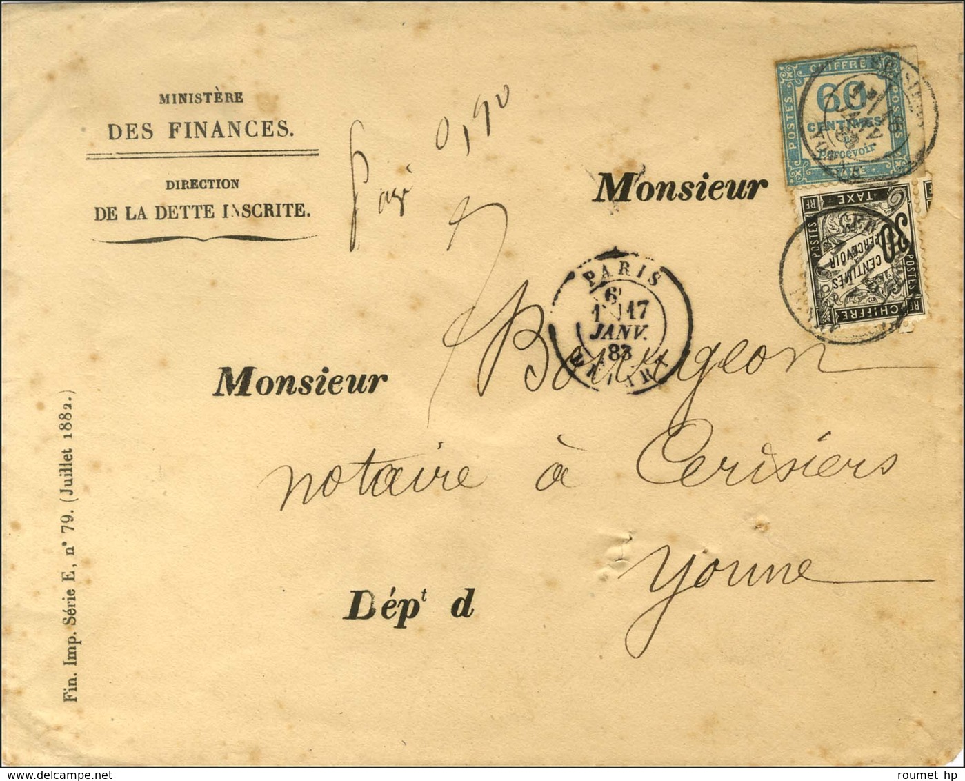 Càd PARIS DEPART Sur Lettre Non Affranchie Pour Cerisiers. A L'arrivée, Càd T 18 CERISIERS / YONNE / Taxe N° 9 + 18. 188 - Autres & Non Classés