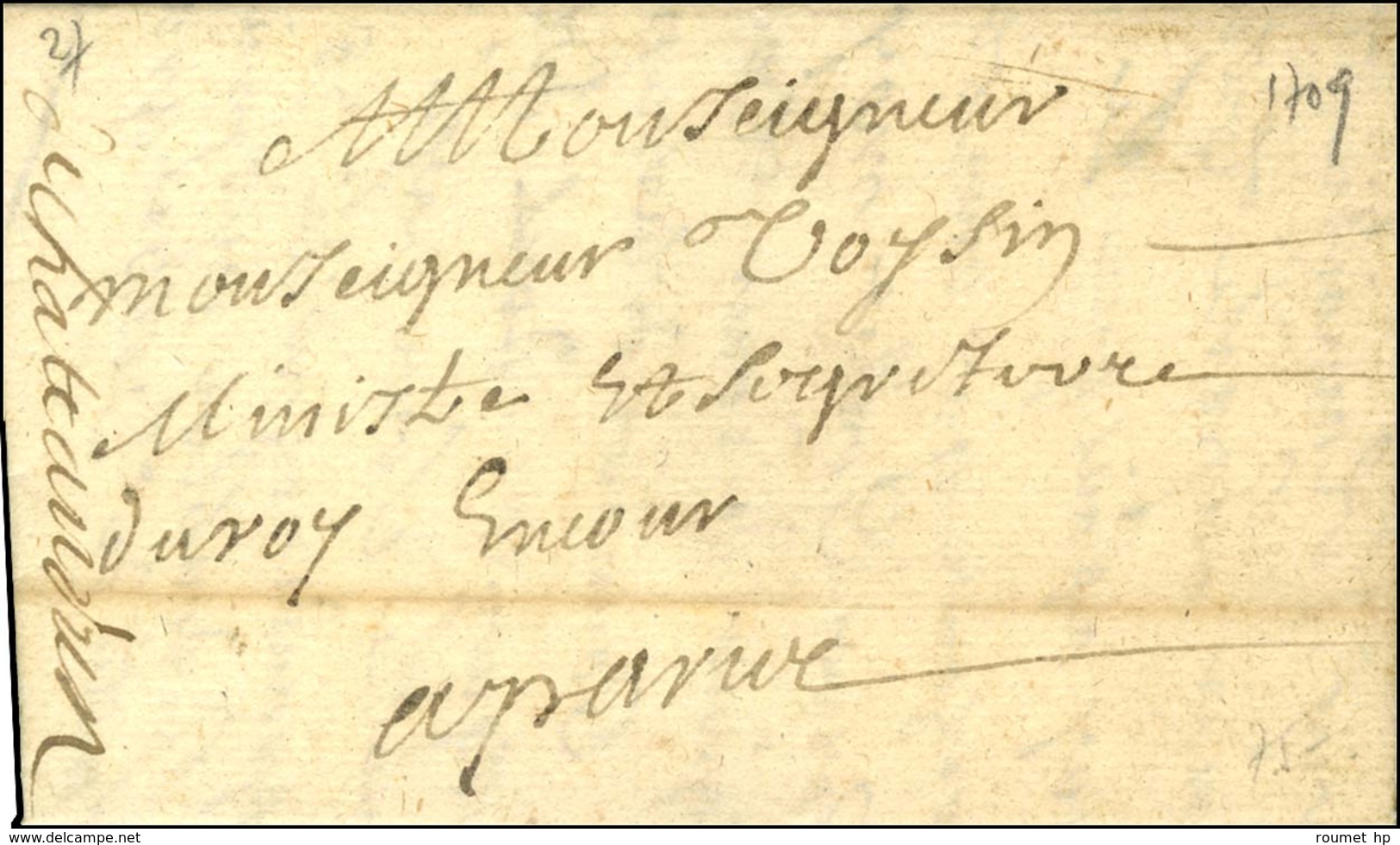 '' Chateaudun '' + '' En Cour '' Sur Lettre Avec Texte Daté De Châteaudun 1709. - TB / SUP. - RR. - Lettres Civiles En Franchise