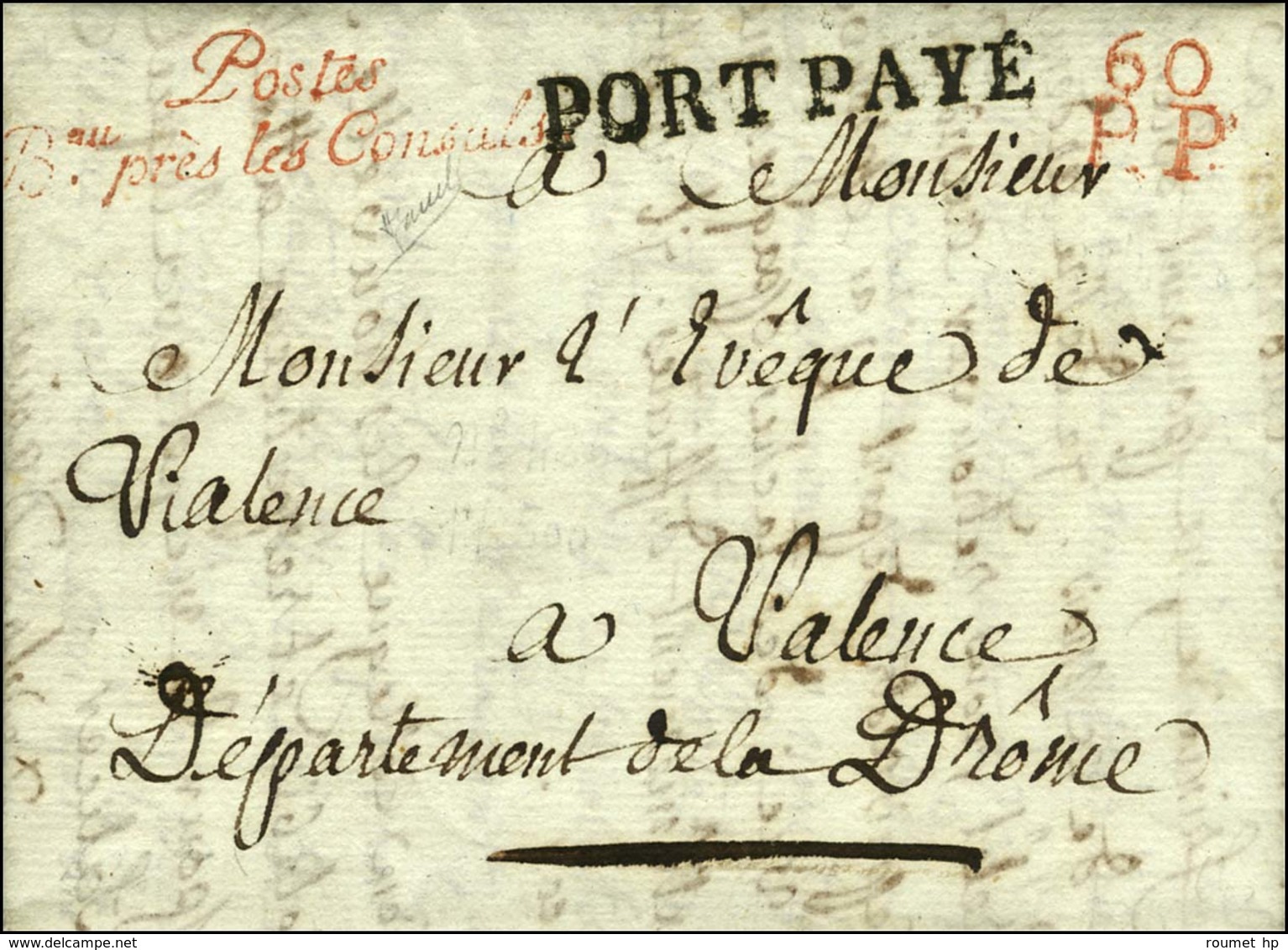 ' Postes / Bau Près Les Consuls ' (rouge) + 60 / P.P. (rouge) (S N° 1086 A) Sur Lettre Avec Texte Daté An 11. - SUP. - Civil Frank Covers