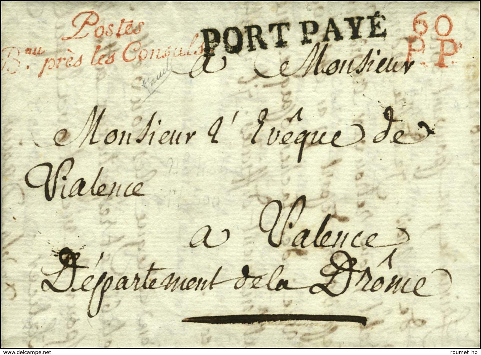 ' Postes / Bau Près Les Consuls ' (rouge) + 60 / P.P. (rouge) (S N° 1086 A) Sur Lettre Avec Texte Daté An 11. - SUP. - Lettere In Franchigia Civile