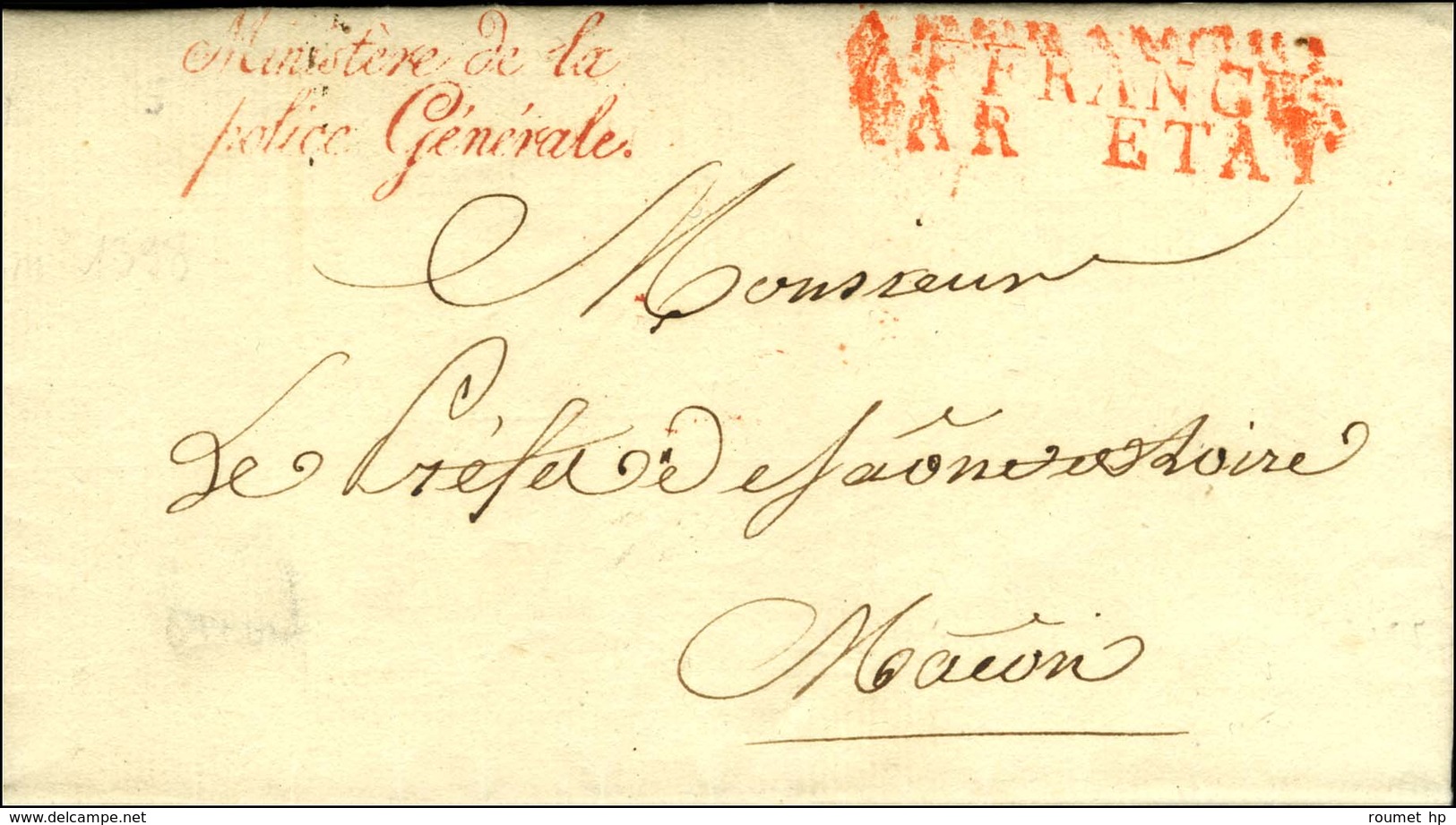 ' Ministère De La / Police Générale ' Rouge Sur Lettre Avec Texte Daté Du 3 Juillet 1815 (période Intermédiaire Du 22 Ju - Frankobriefe
