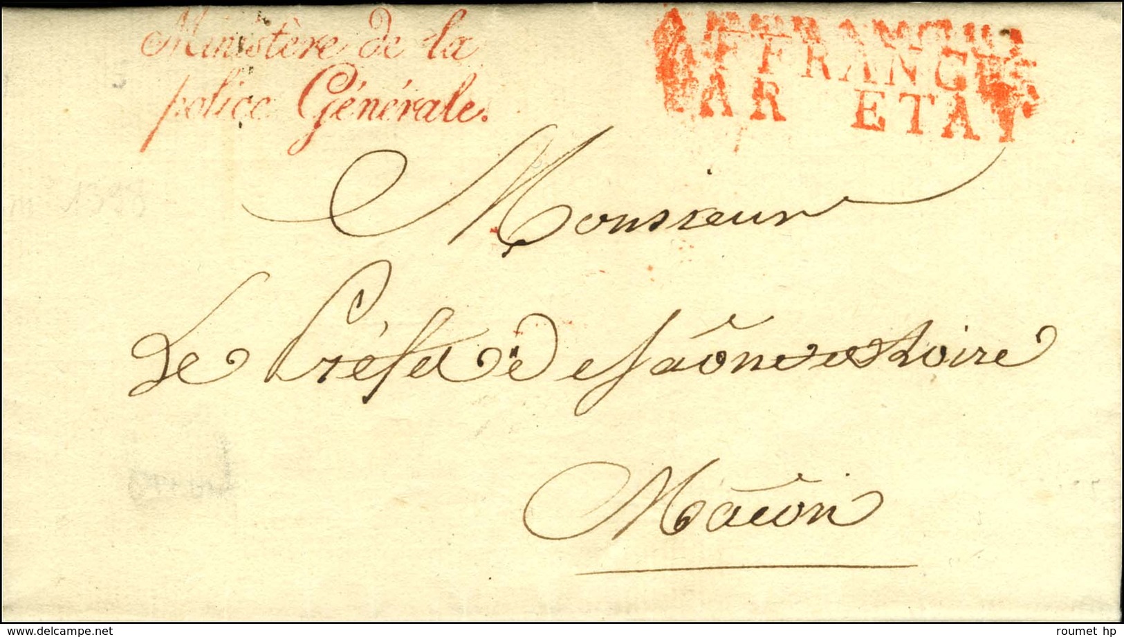 ' Ministère De La / Police Générale ' Rouge Sur Lettre Avec Texte Daté Du 3 Juillet 1815 (période Intermédiaire Du 22 Ju - Lettres Civiles En Franchise