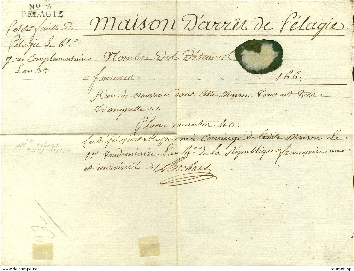 N° 3 / PELAGIE (S N° 9533 B) En Marge D'un Texte Daté Du 6e Jour Complémentaire An 3. - SUP. - 1701-1800: Precursors XVIII